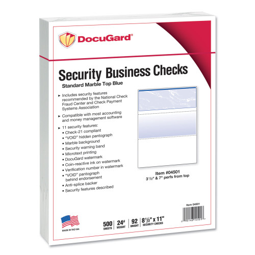 DocuGard Security Business Checks， 11 Features， 8.5 x 11， Blue Marble Top， 500/Ream (04501) - Mycitystee