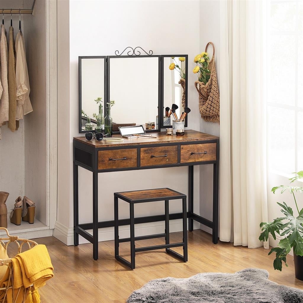 VASAGLE ALINRU Vanity Table Set， Writing Desk， Makeup Table with Stool， 3 Drawers， Tri-Fold Mirror - - 36993148 - Mycitystee