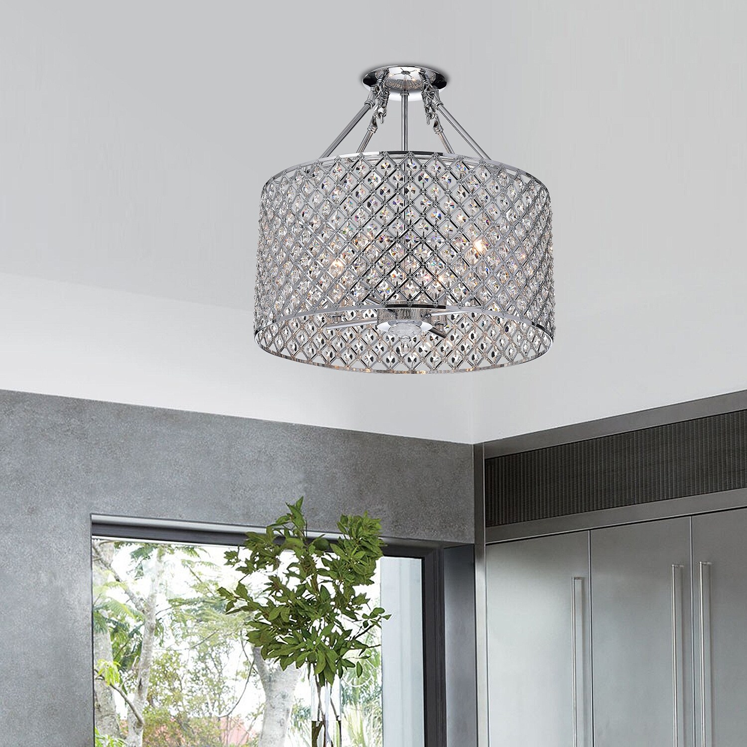 Chrome 4-Light Beaded Drum Crystal Semi Flush Mount - Mycitystee