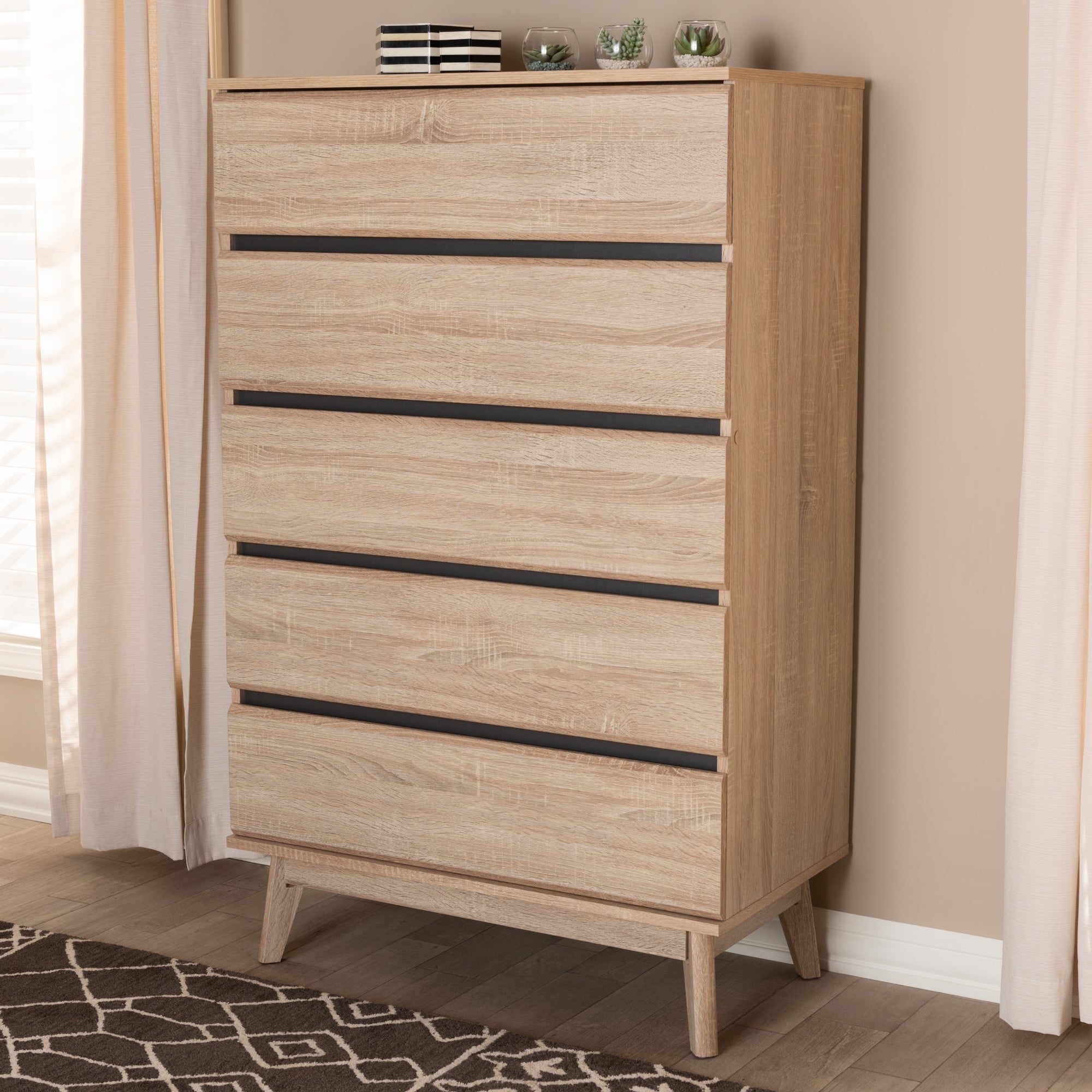 Mid-Century Oak and Dark Grey 5-Drawer Chest by Baxton Studio - - 22290435 - Mycitystee