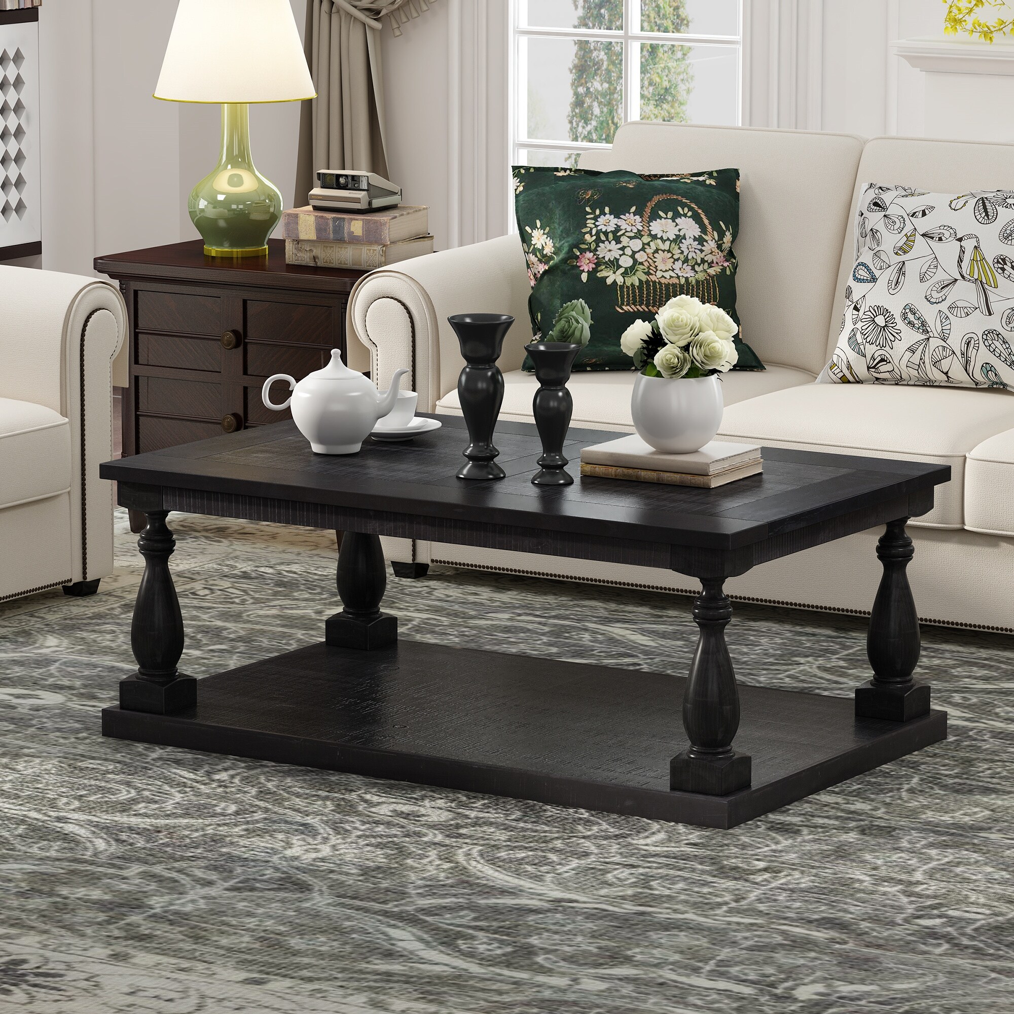 Rustic Solid Pine Wood Floor Shelf Coffee Table with Storage - Mycitystee