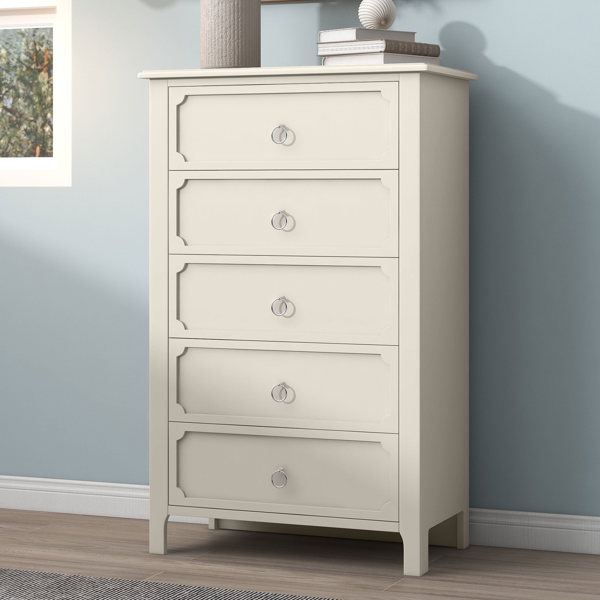 Rubber Wooden Chest Five Large Drawers Silver Metal Handles - - 37857277 - Mycitystee