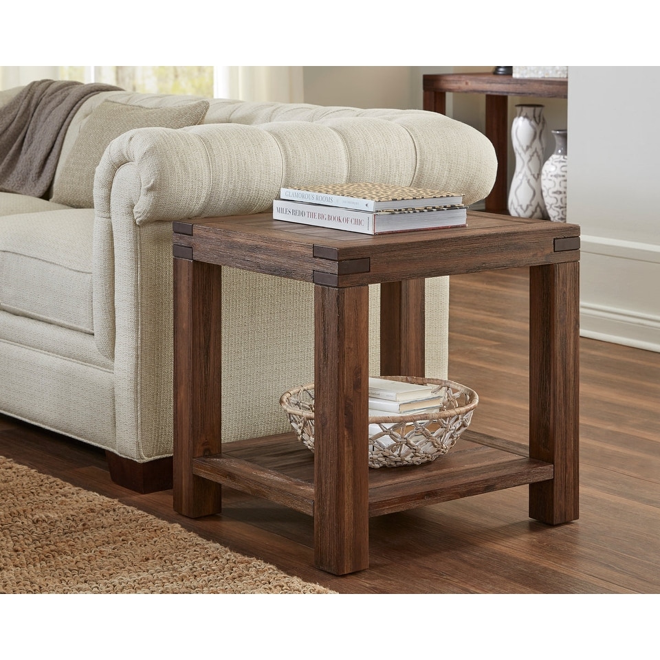Acacia Wood End Table with Exposed Mortise and Tenon Corner Joints， Brown - 24 H x 27 W x 22 L Inches - Mycitystee