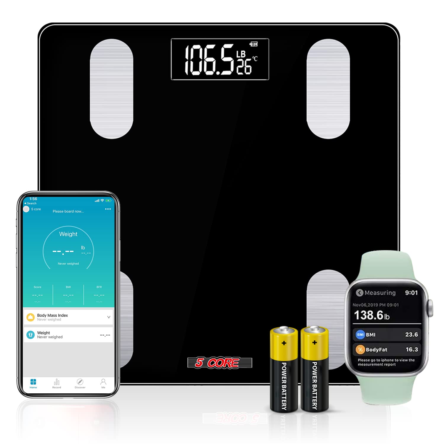 5 Core Smart Digital Bathroom Weighing Scale with Body Fat and Water Weight for People, Bluetooth BMI Electronic Body Analyzer Machine, 400 lbs. BBS V - Mycitystee