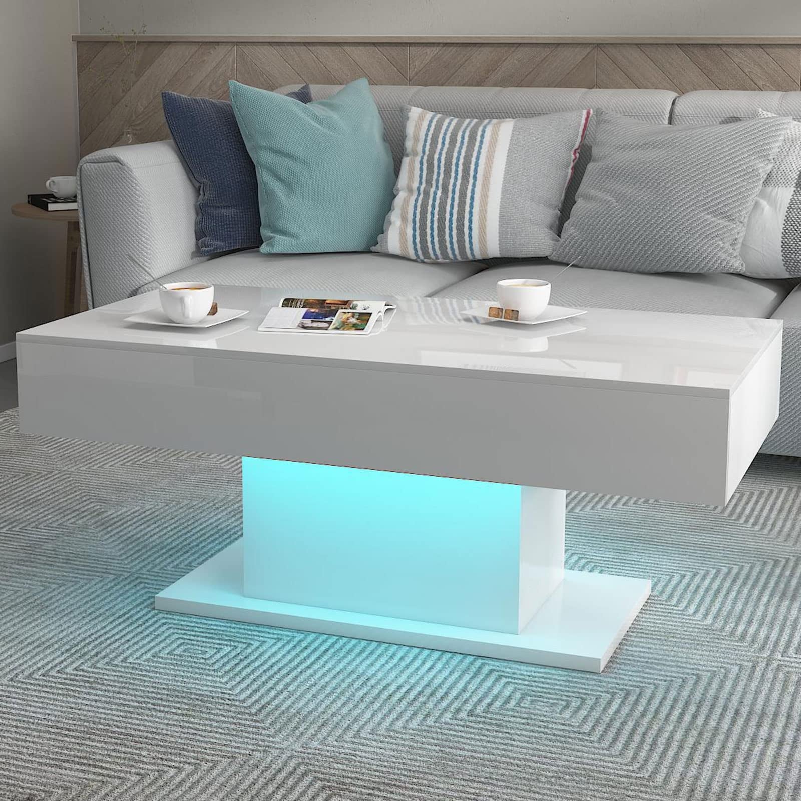 White LED Coffee Table for Living Room High Glossy， Modern Center Table， Smart Cocktail Table Rectangle， - as picture - Mycitystee
