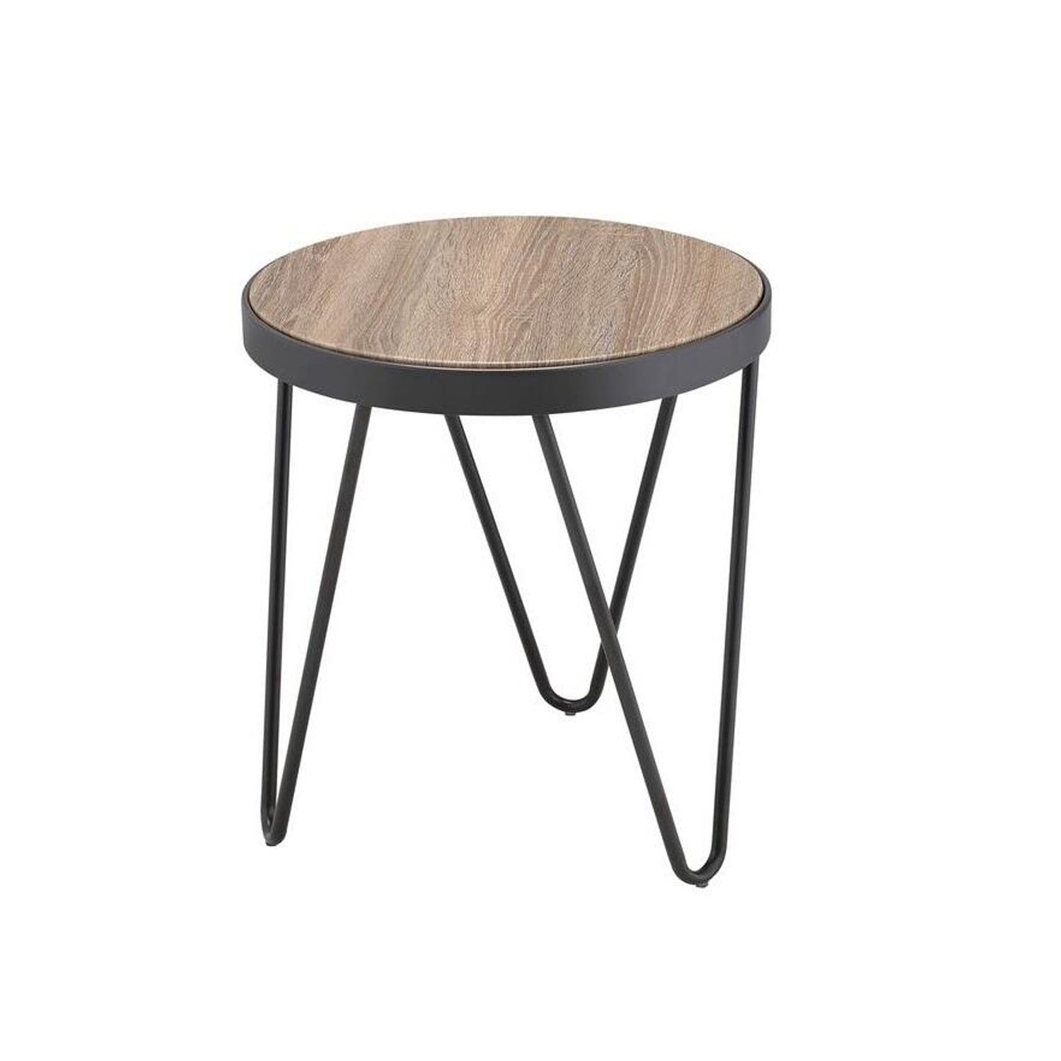 Round Wooden End Table with V-shaped Metal Legs in Gray Oak - Mycitystee