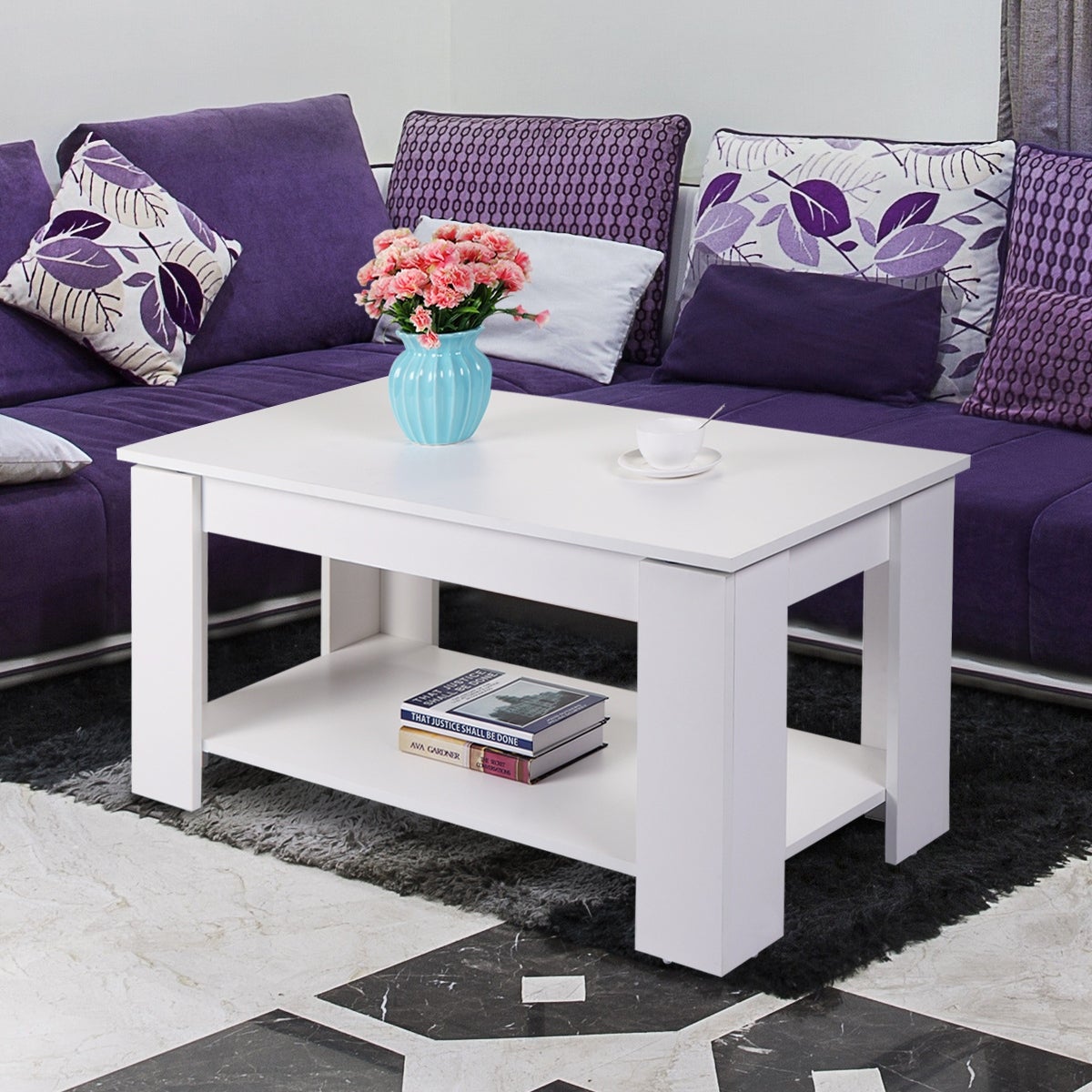 Coffee Table with Hidden Compartment and Open Shelf， Modern Wooden Table for Home Living Room， White - Mycitystee