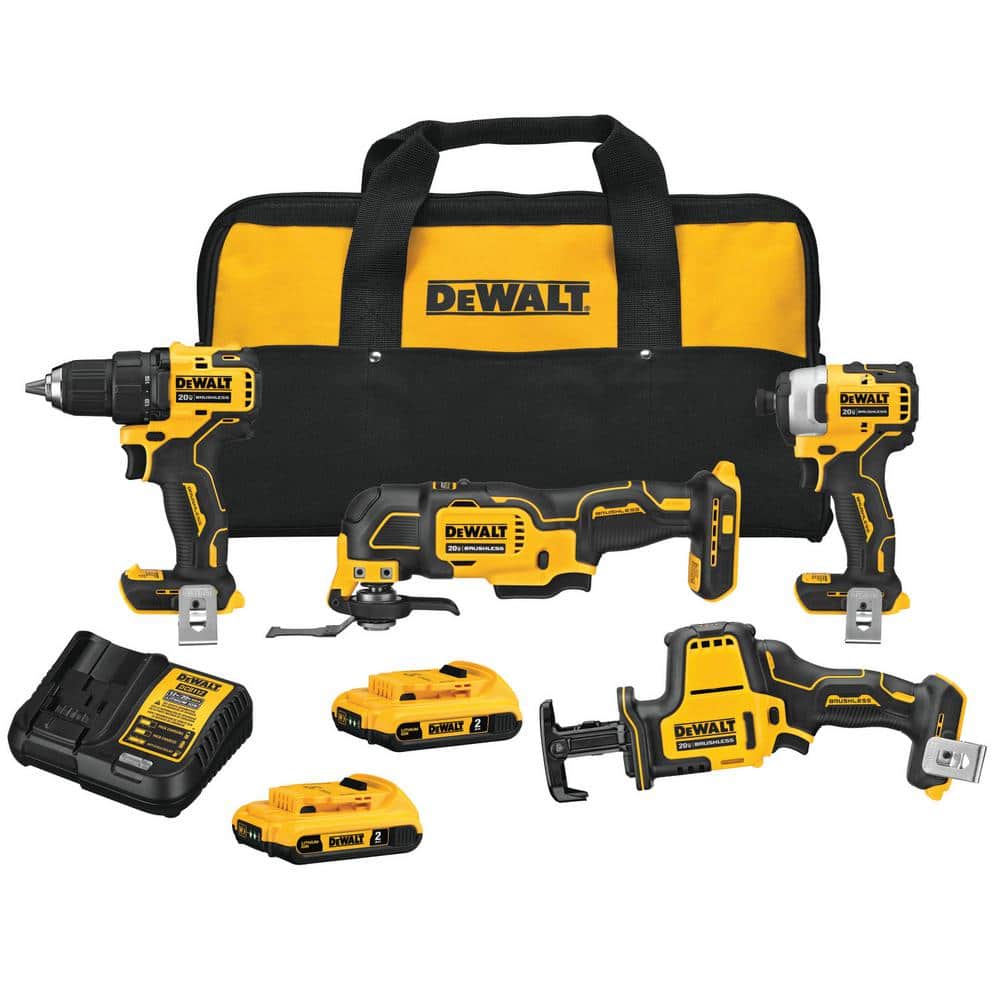 DEWALT ATOMIC 20V MAX Cordless Brushless 4 Tool Combo Kit, (2) 2.0Ah Batteries, Charger, and Bag DCK489D2 - Mycitystee