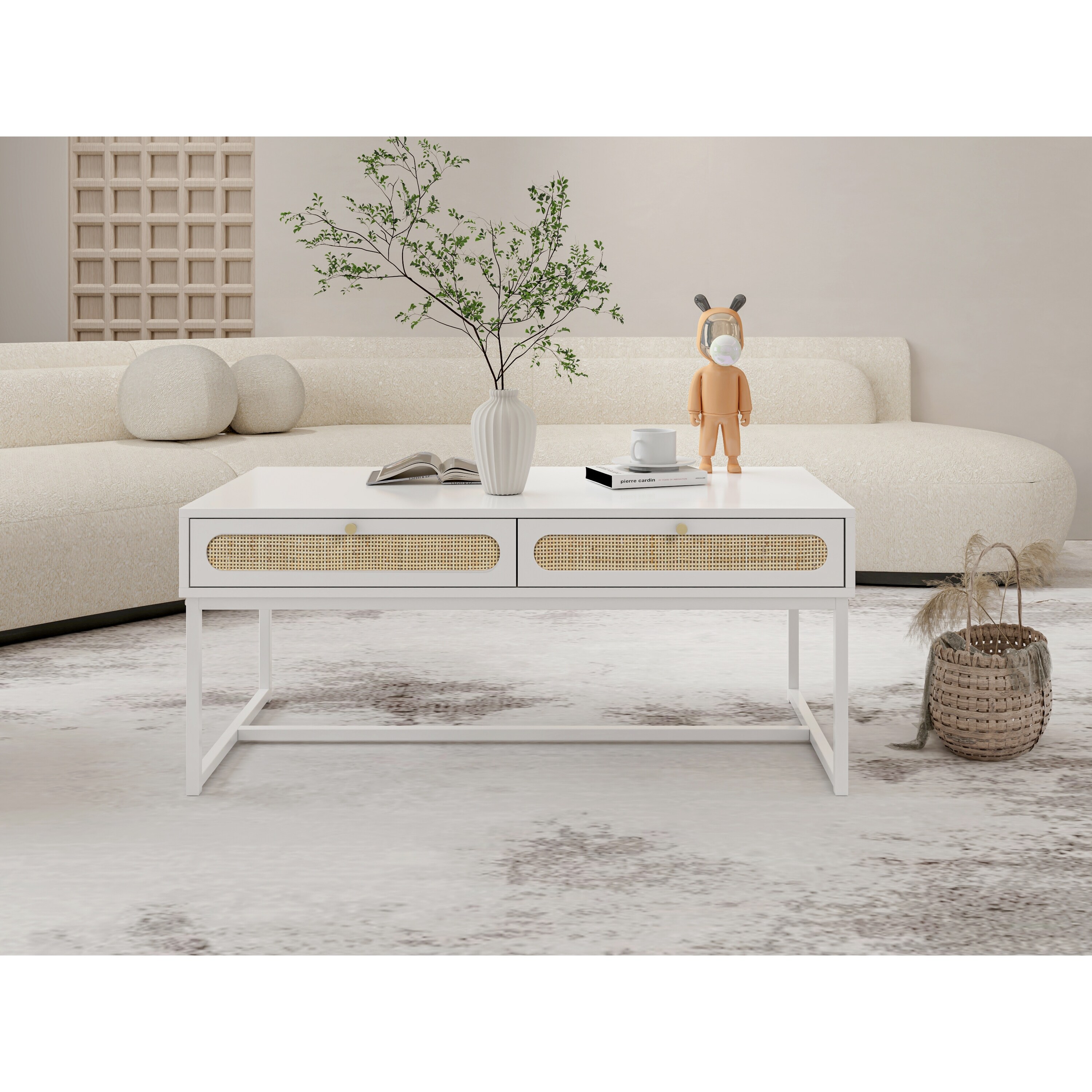 2 Rattan Drawer Coffee Table，Modern Furniture Decor，for Living Room Reception，Rectangular Unique Coffee Table - Mycitystee