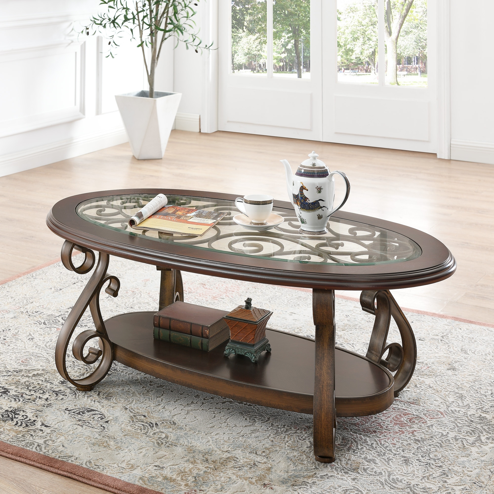 Oaks Aura Dark Brown French Country Coffee Table with Glass Table Top and Powder Coat Finish Metal Legs - Mycitystee