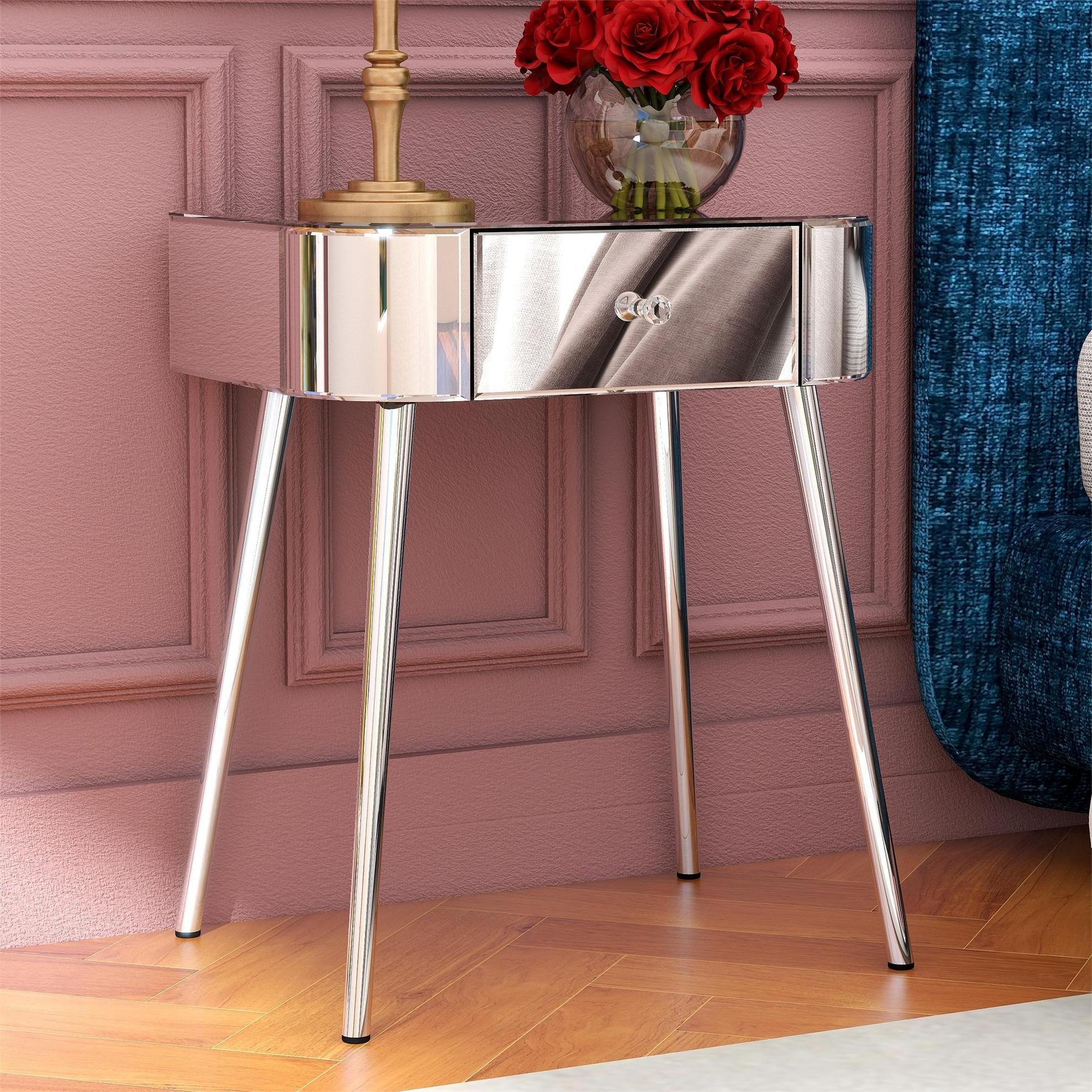 Mirrored Accent Table 1 Drawer Silver Curved Corners - Mycitystee