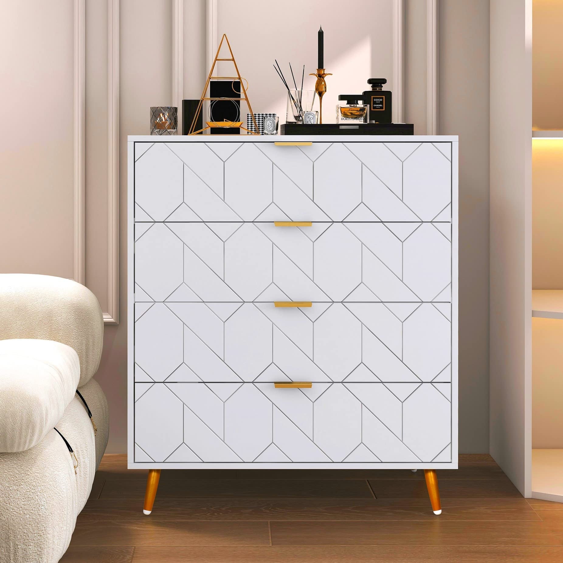 White Gold 4 Drawer Dresser Wooden Drawer Chest for Bedroom 37.8