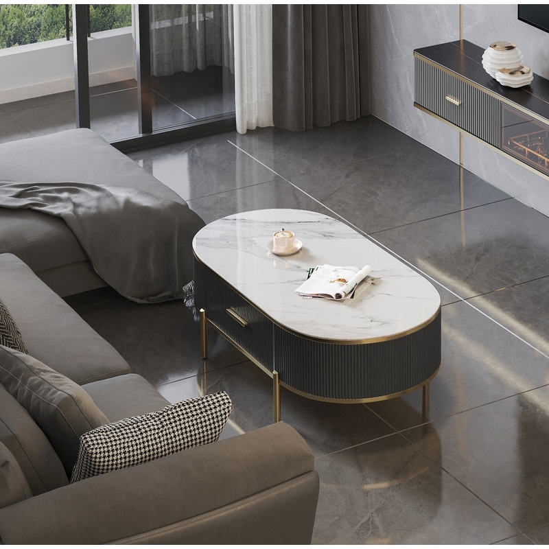Modern White/Dark Gray Coffee Table Sintered Stone Top With Drawer and Gold Metal Legs - Mycitystee