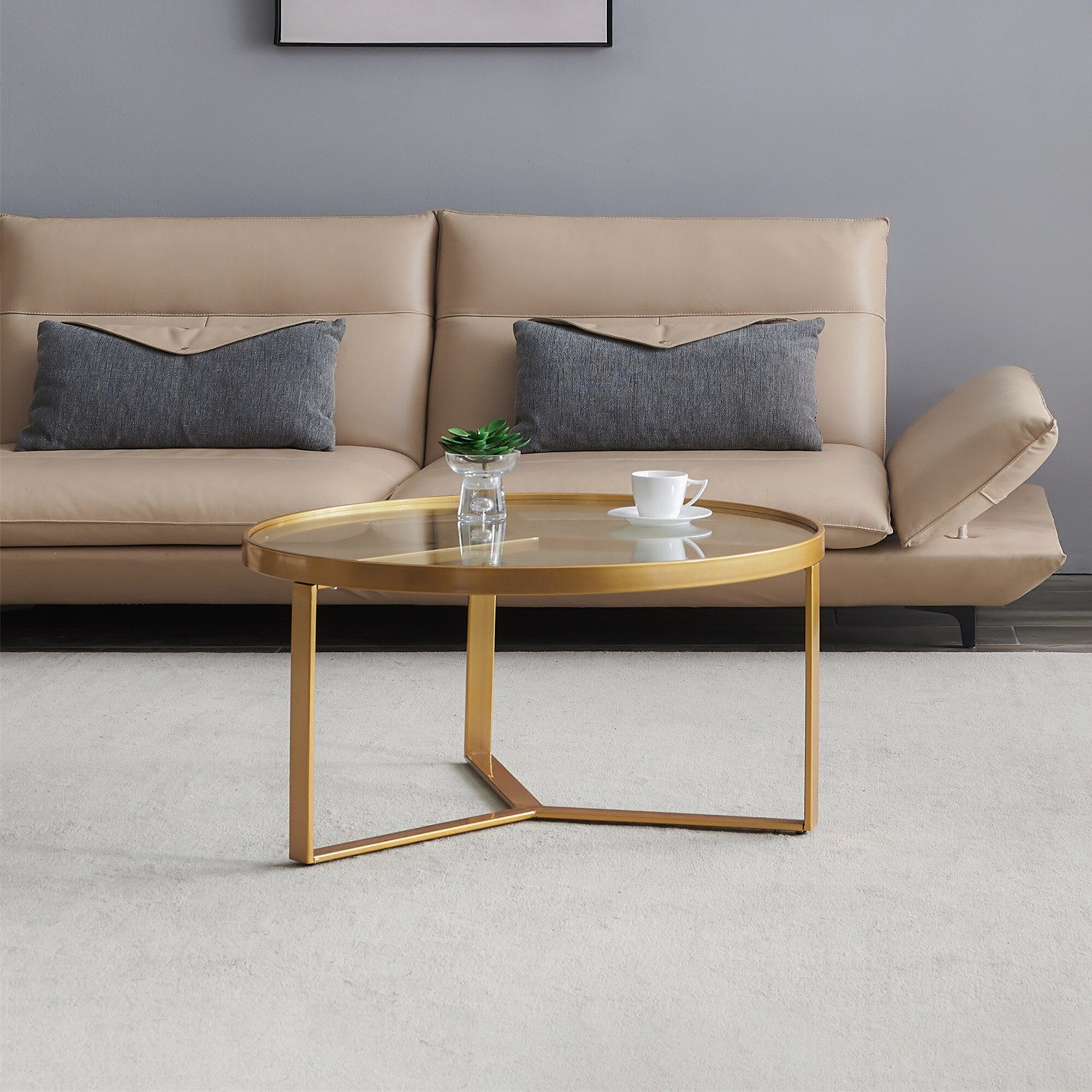 EPOWP Modern coffee table，Golden metal frame with round tempered glass tabletop - Mycitystee