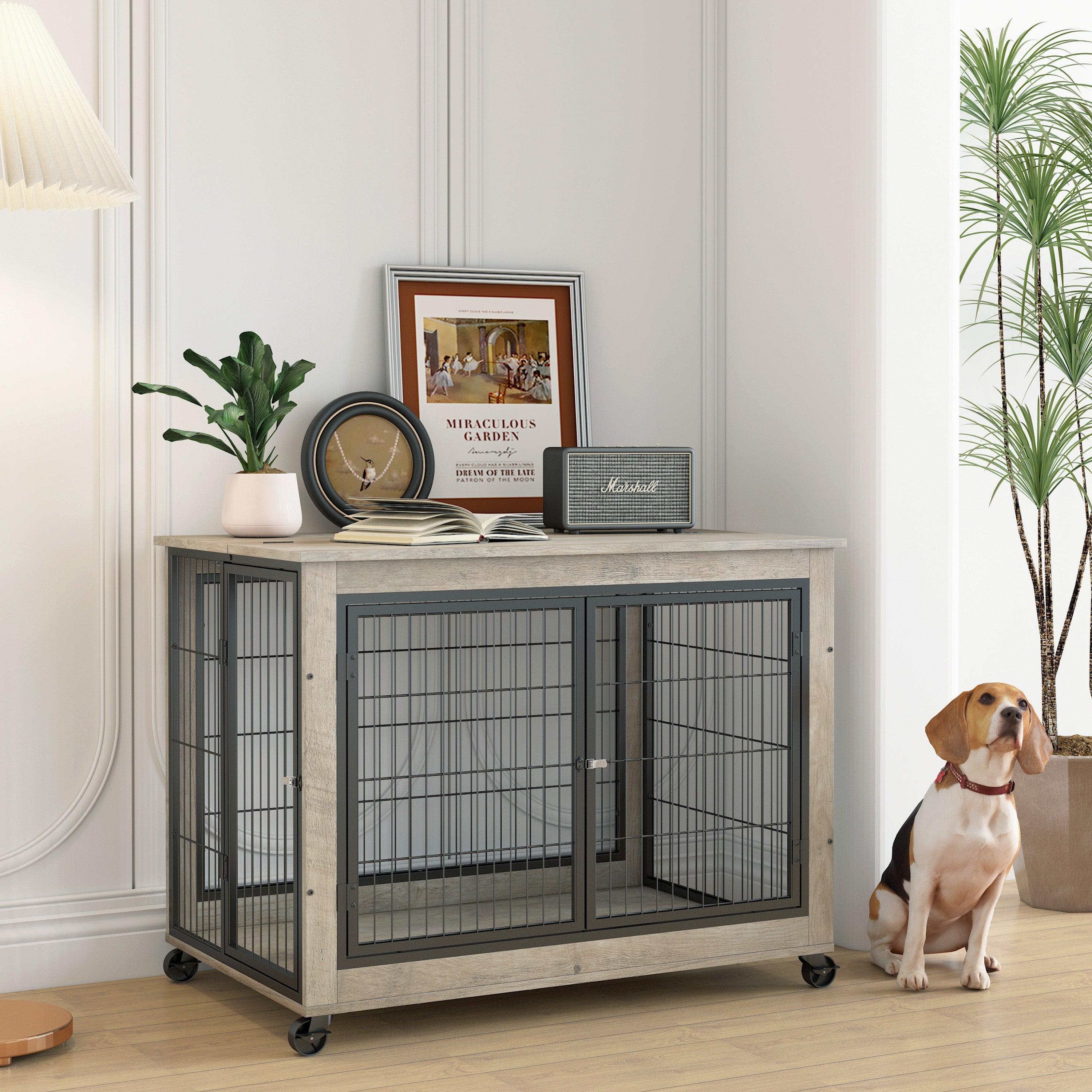 Furniture Style Dog Crate on Wheels with Double Doors and Lift Top - Mycitystee