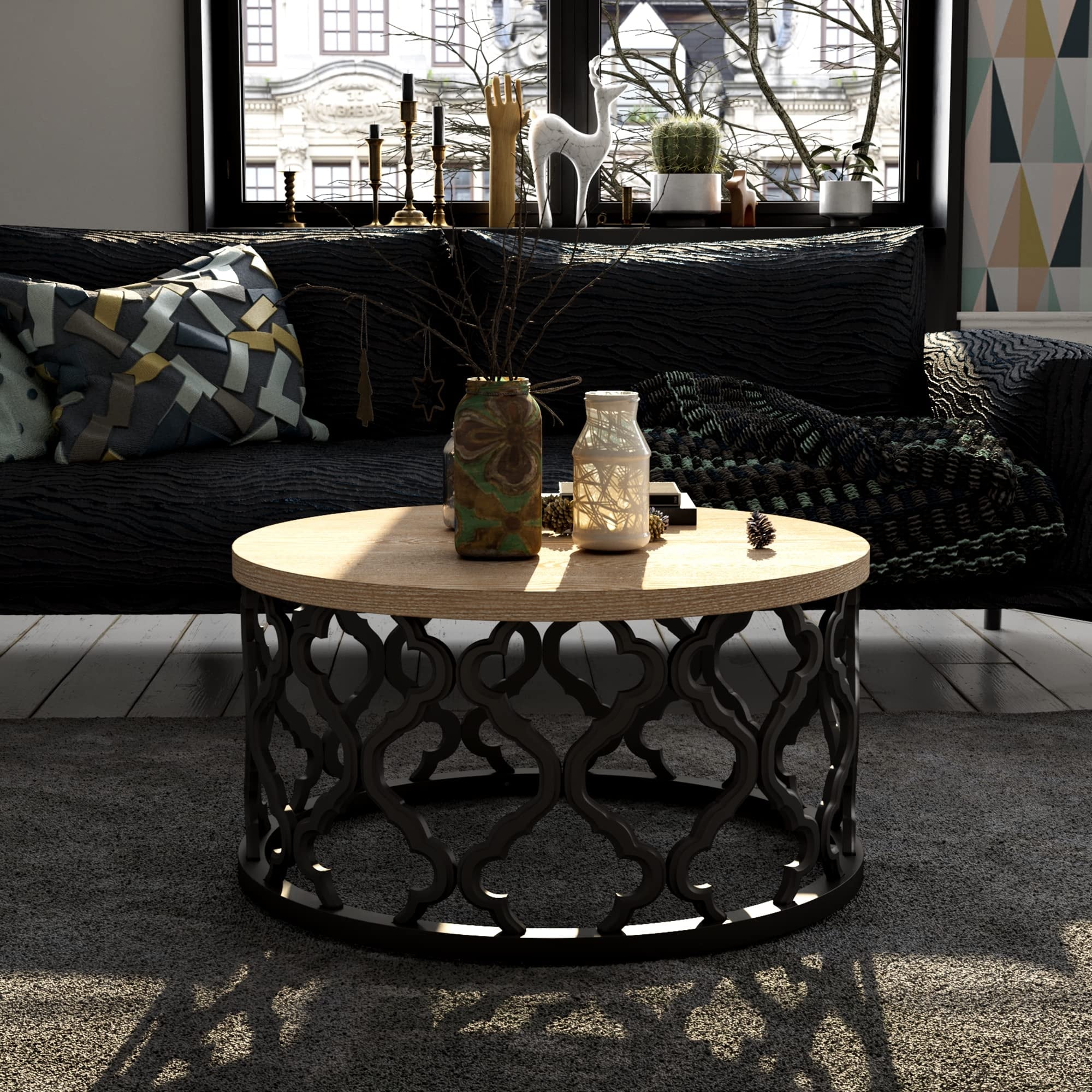 Rustic Farmhouse Coffee Table， Distressed Wood Top Table with Curved Motif Frame Base - as picture - Mycitystee