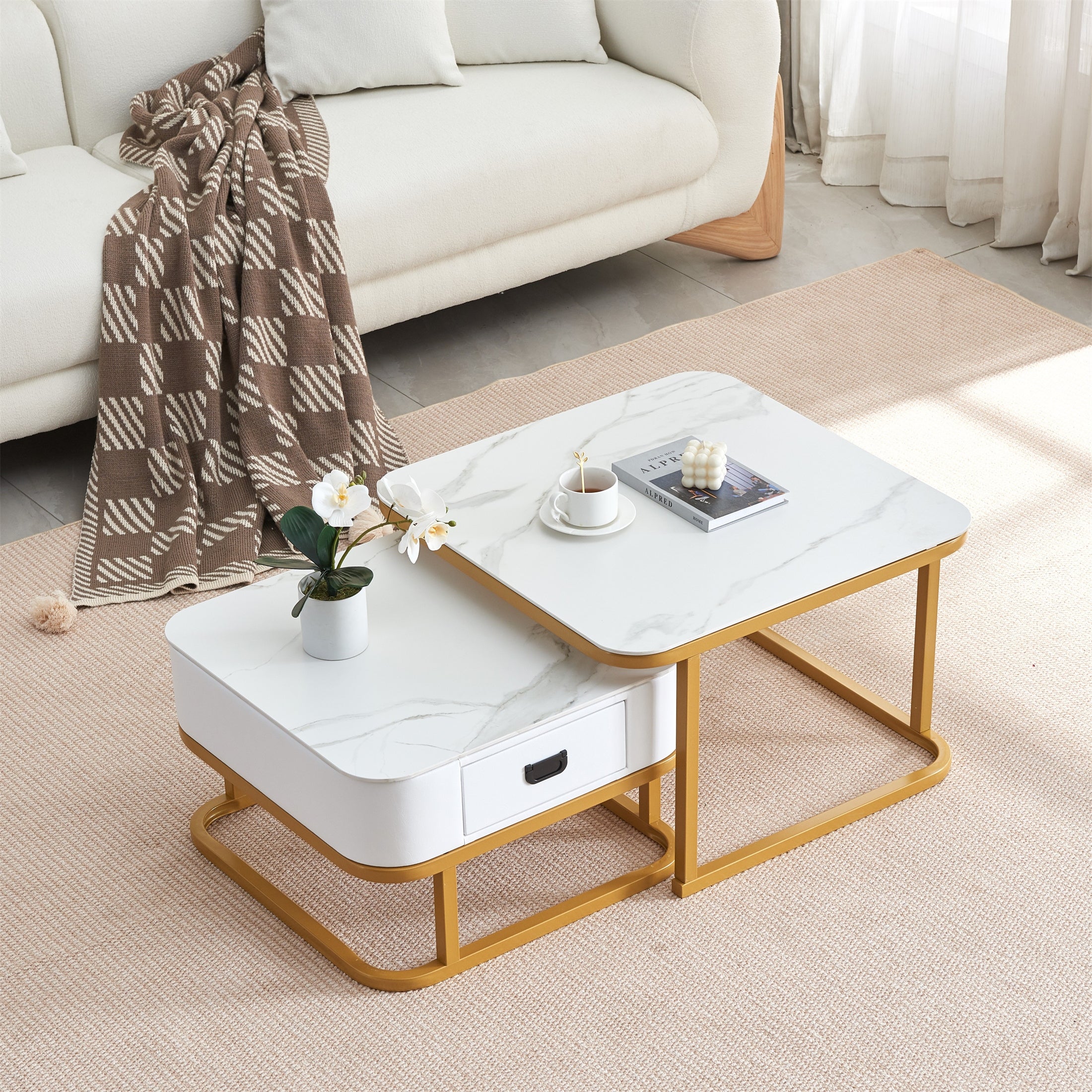 White Square Modern Nesting Table for Living Room(Set of 2) - Mycitystee