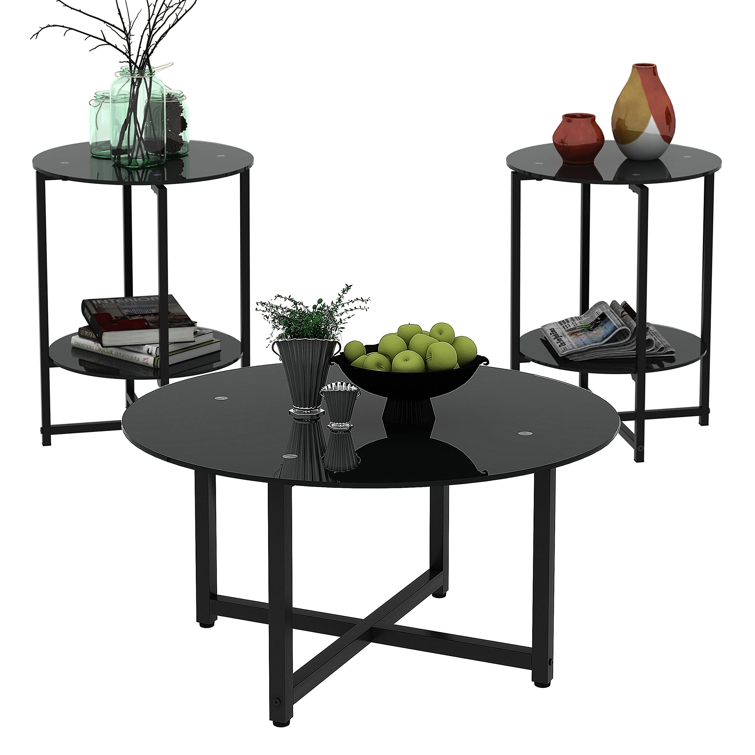 Round Glass Coffee Table End Table Sets of 3 for Living Room， Mordern Black Sofa Side Tables - as picture - Mycitystee