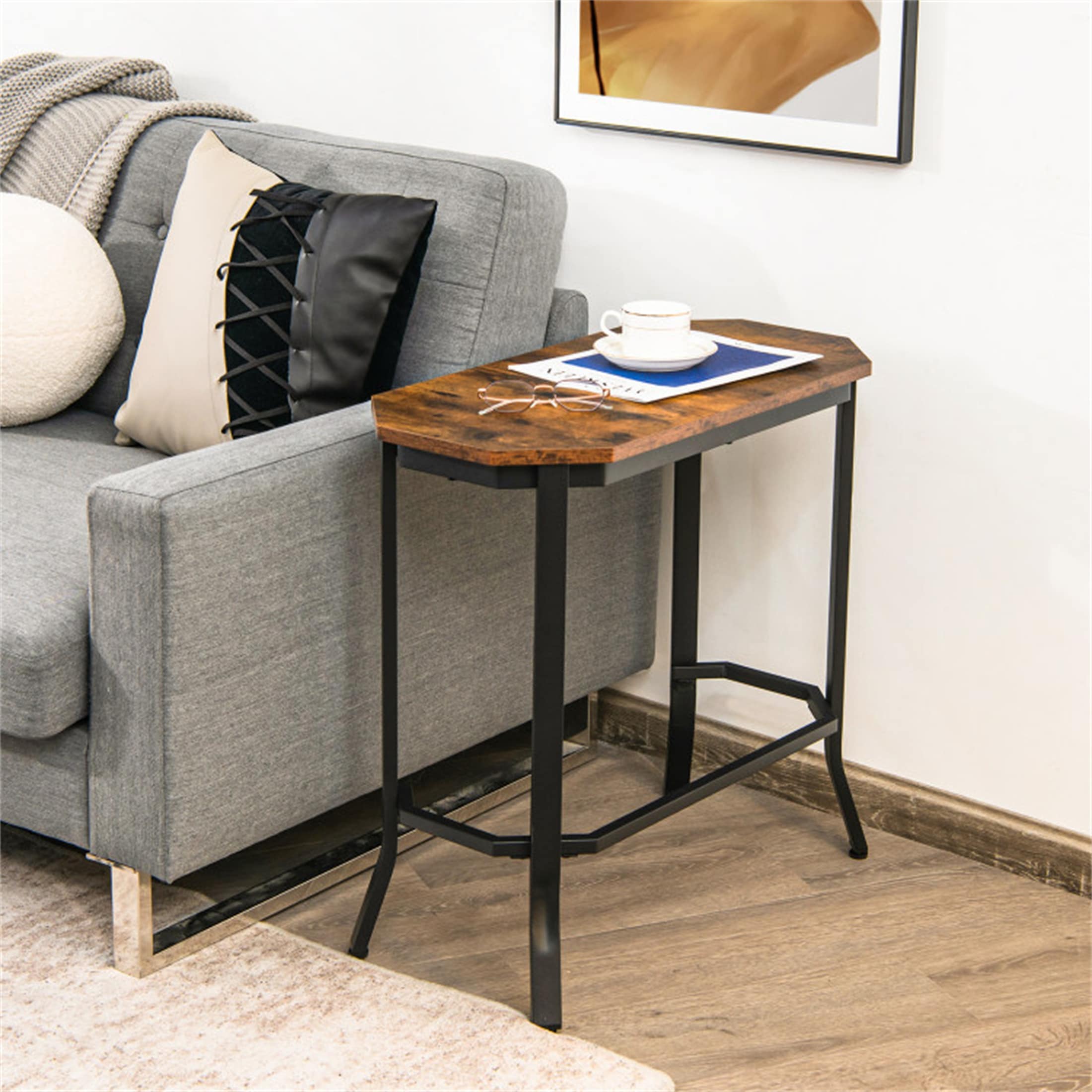 Steel Frame Narrow End Table with Rustic Wood Grain and Stable - Mycitystee
