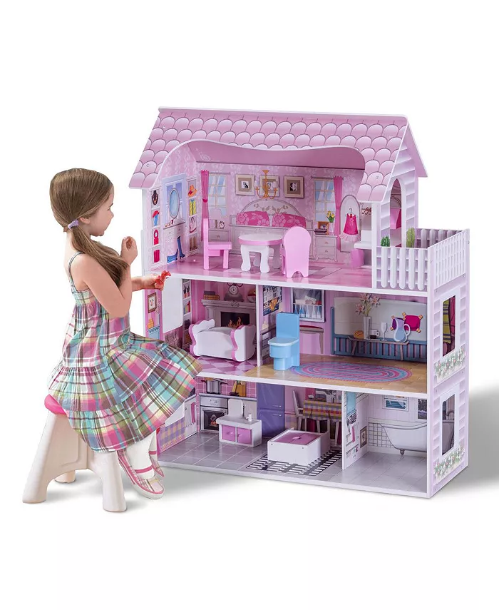 Costway 28'' Dollhouse w  Furniture Gliding Elevator Rooms 3 Levels Young Girls Toy - Mycitystee