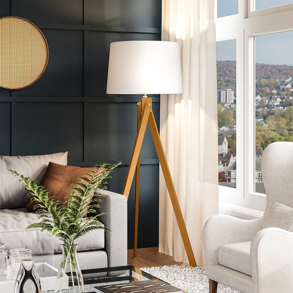 Luxury Mid-Century-Modern Floor Lamp， 19''W x 19''D x 63''H， with Scandinavian Elements， Natural Brown and White Faux Silk Shade - Mycitystee