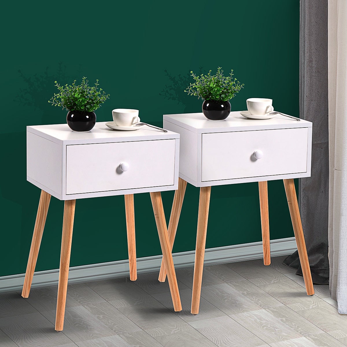 Modern Wood Nightstand /End Table with 1 Storage Drawer and 4 Solid Pinewood Legs，Set of 2 - Mycitystee