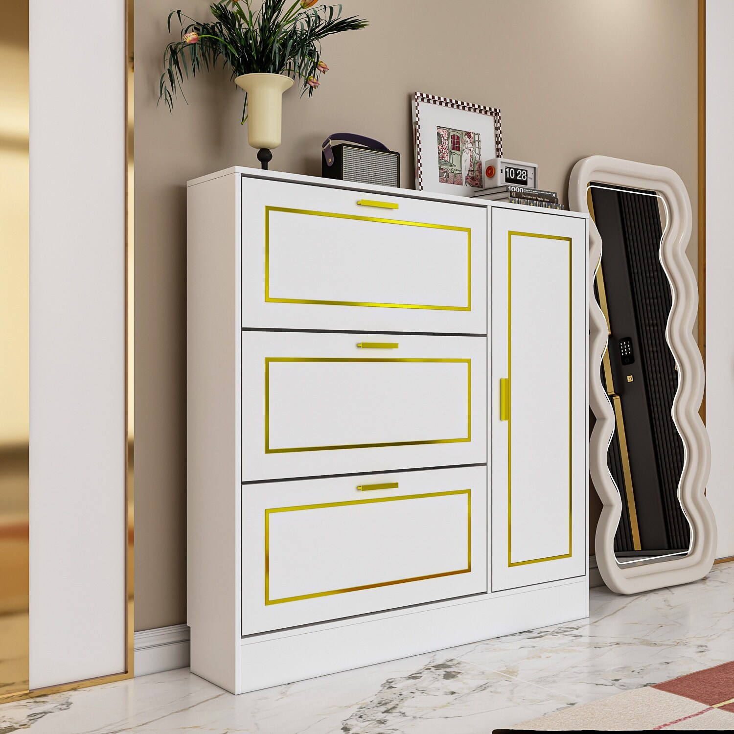 Black/White Gold 3-Drawer 1-Door Shoe Cabinet for Boot Chest Dresser - - 35523726 - Mycitystee