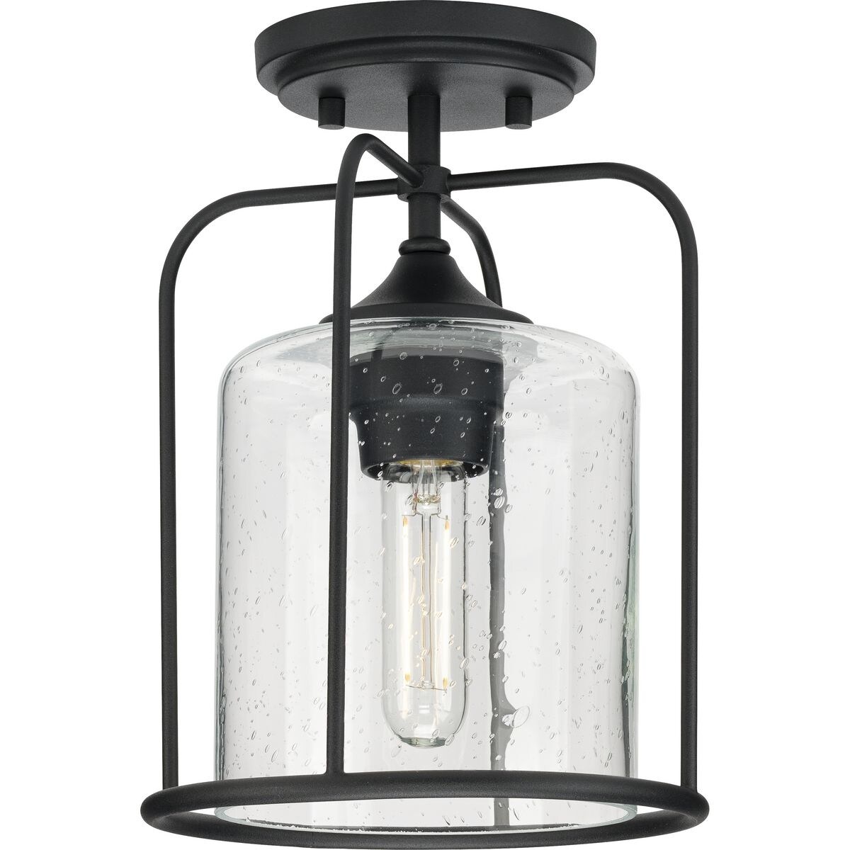 Watch Hill Collection One-Light Textured Black Clear Seeded Glass Farmhouse Semi-Flush Light - 8.5 in x 8.5 in x 11.62 in - Mycitystee