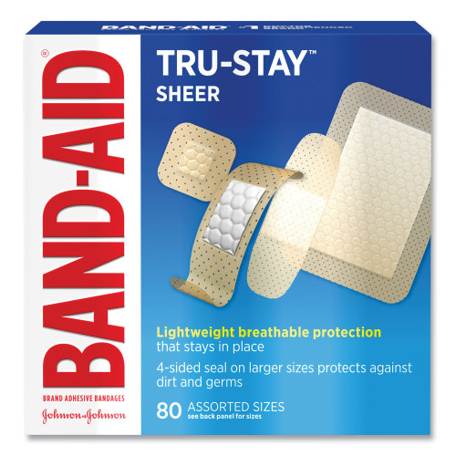BAND-AID Tru-Stay Sheer Strips Adhesive Bandages， Assorted， 80/Box (4669) - Mycitystee