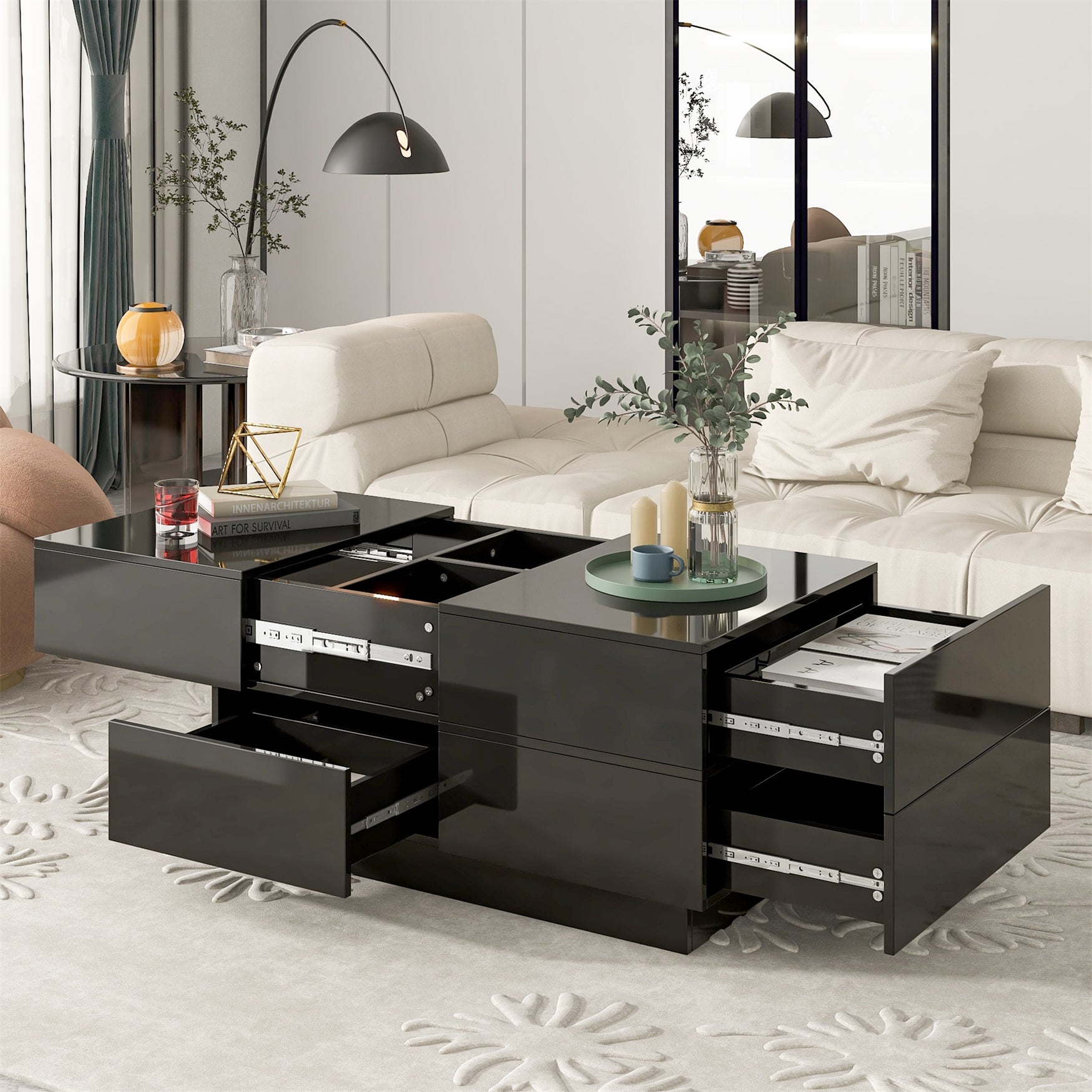 Extendable Coffee Table with 4 Drawers and Hidden Storage Compartment - Mycitystee