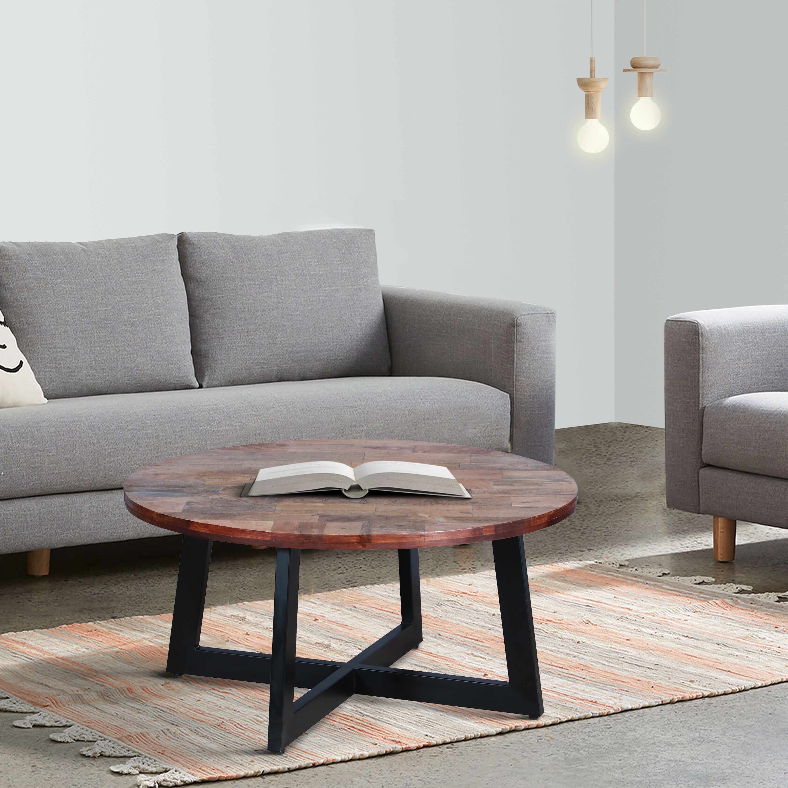 31 Inch Round Mango Wood Farmhouse Coffee Table， X Shape Iron Frame， Brown， Black - Mycitystee