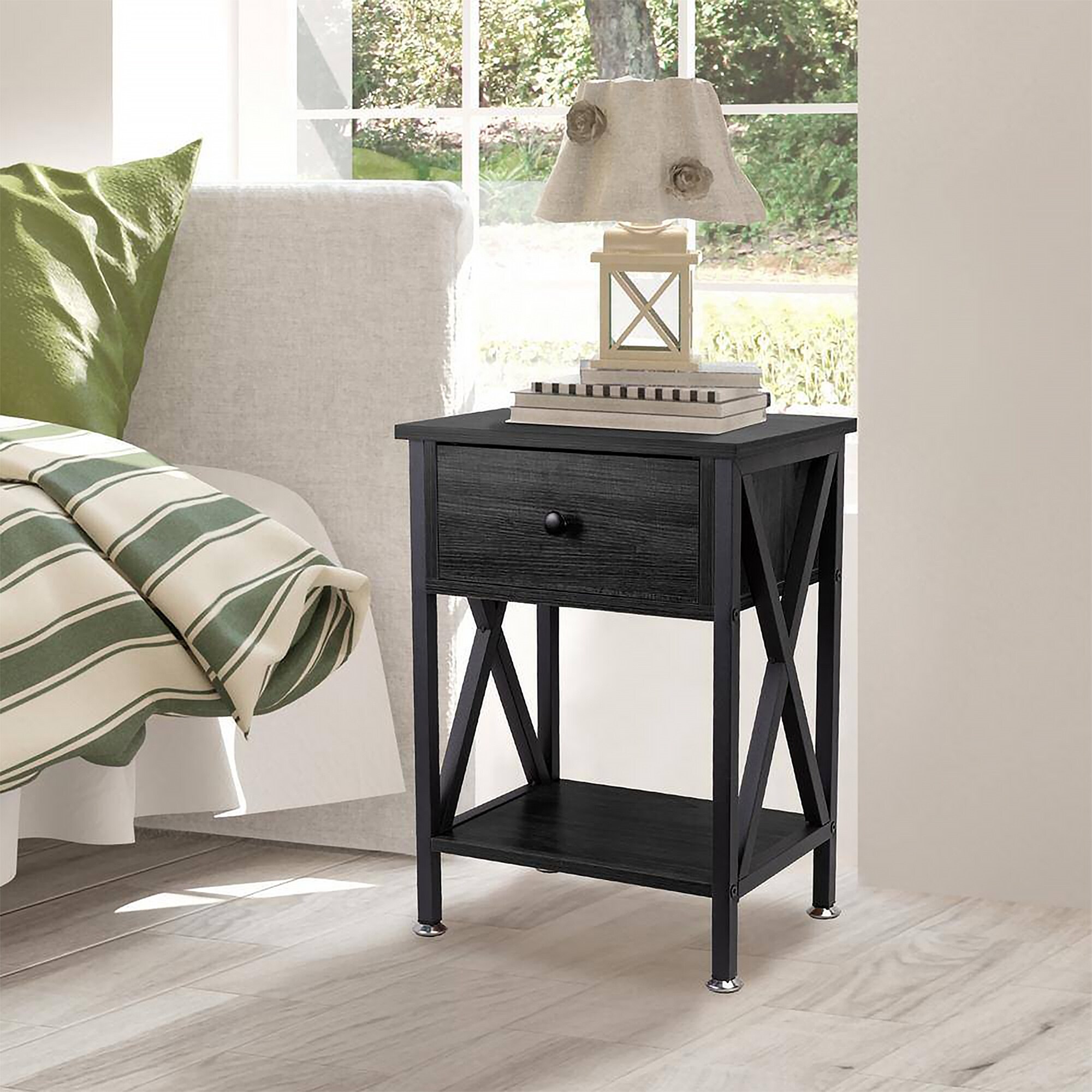 X-shaped Side Table with Drawer and Open Storage Shelves - Mycitystee