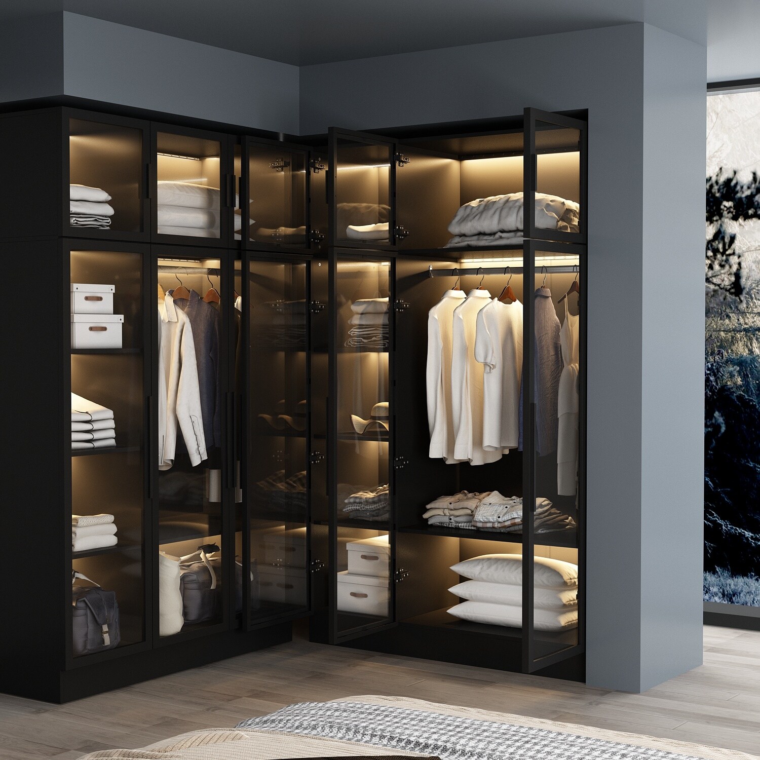 Lighted Modern Glass Door Wardrobe Armoire with Ample Storage - 47.2