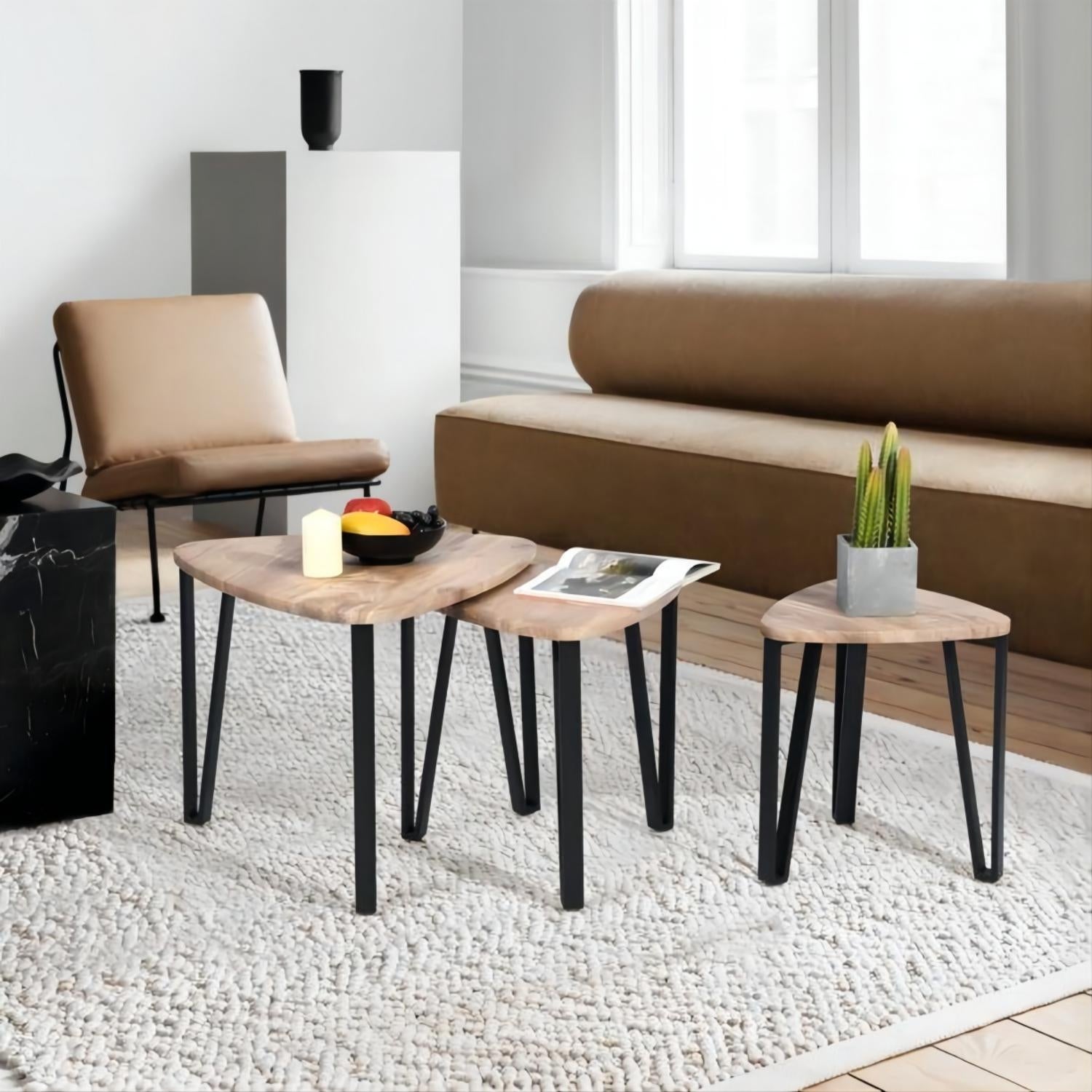 Nesting Coffee Table， Set of 3 End Tables for Living Room， Stacking Side Tables， Wood Look Accent Furniture with Metal Frame - Mycitystee