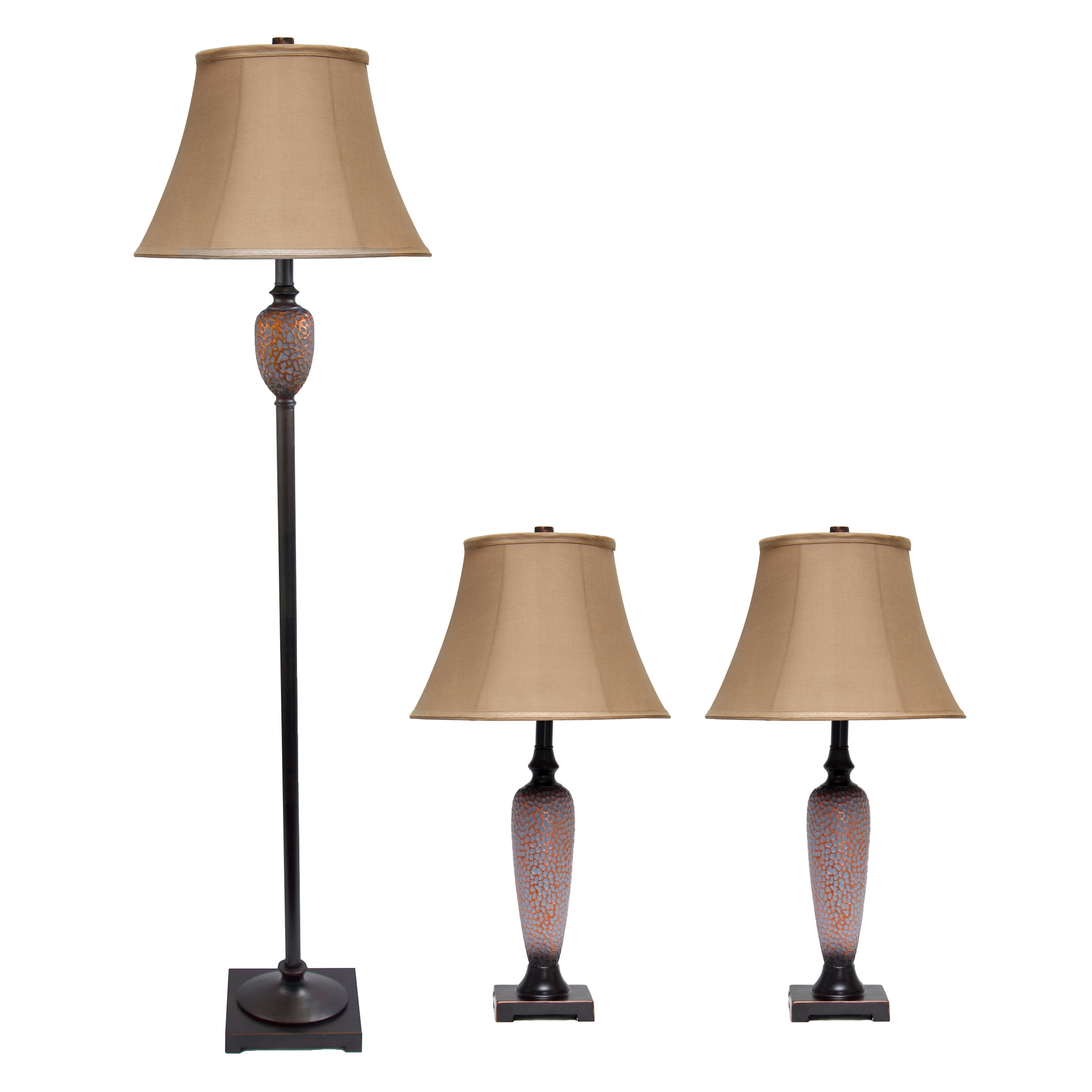 3 Piece Hammered Bronze Metal Lamp Set with Brown Shades - Mycitystee