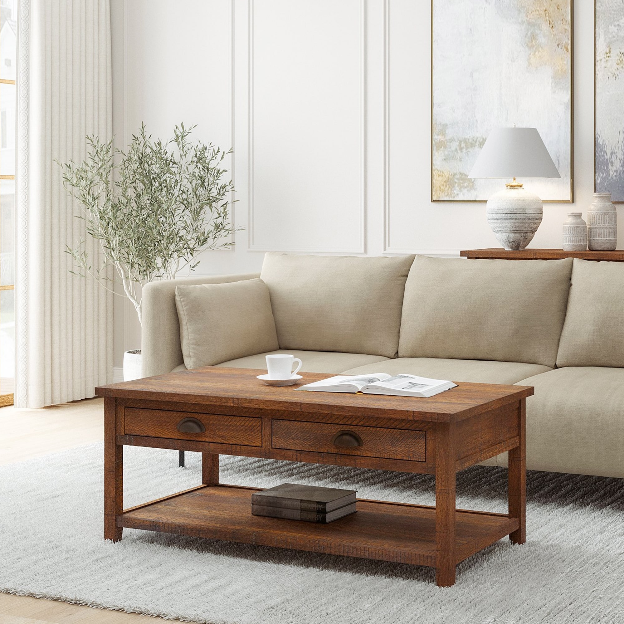 Wood Sofa Table Coffee Table with 2 Drawers and 1 Shelf for Living Room - Mycitystee