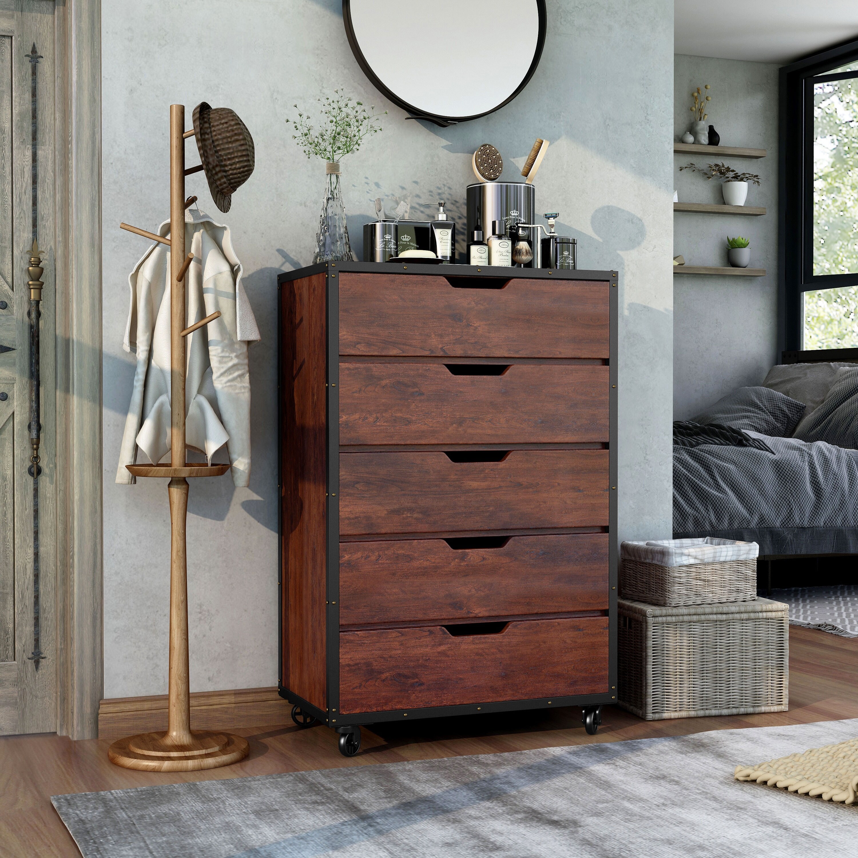 Furniture of America Aurville Vintage Walnut 5-drawer Mobile Chest - - 9679794 - Mycitystee