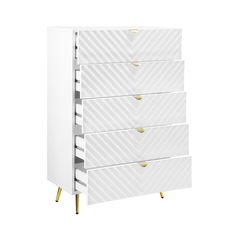 Modern Wood Chest with 5 Drawers， White High Gloss Finish - - 35977661 - Mycitystee