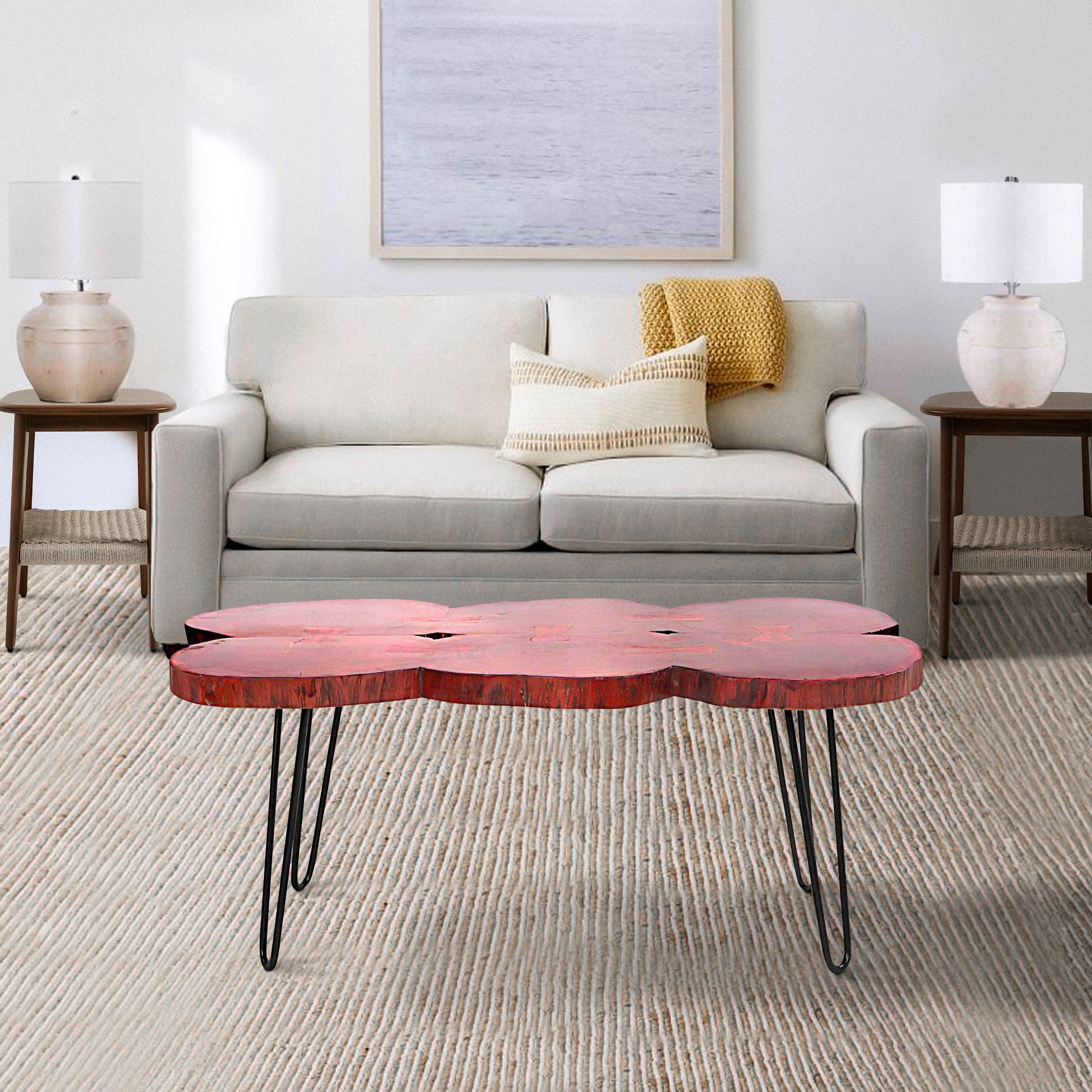 44 Inch Acacia Wood Coffee Table with Live Edge and Quatrefoil Top for iving Room， Home， Iron Hairpin Legs， Brown and Black - Mycitystee