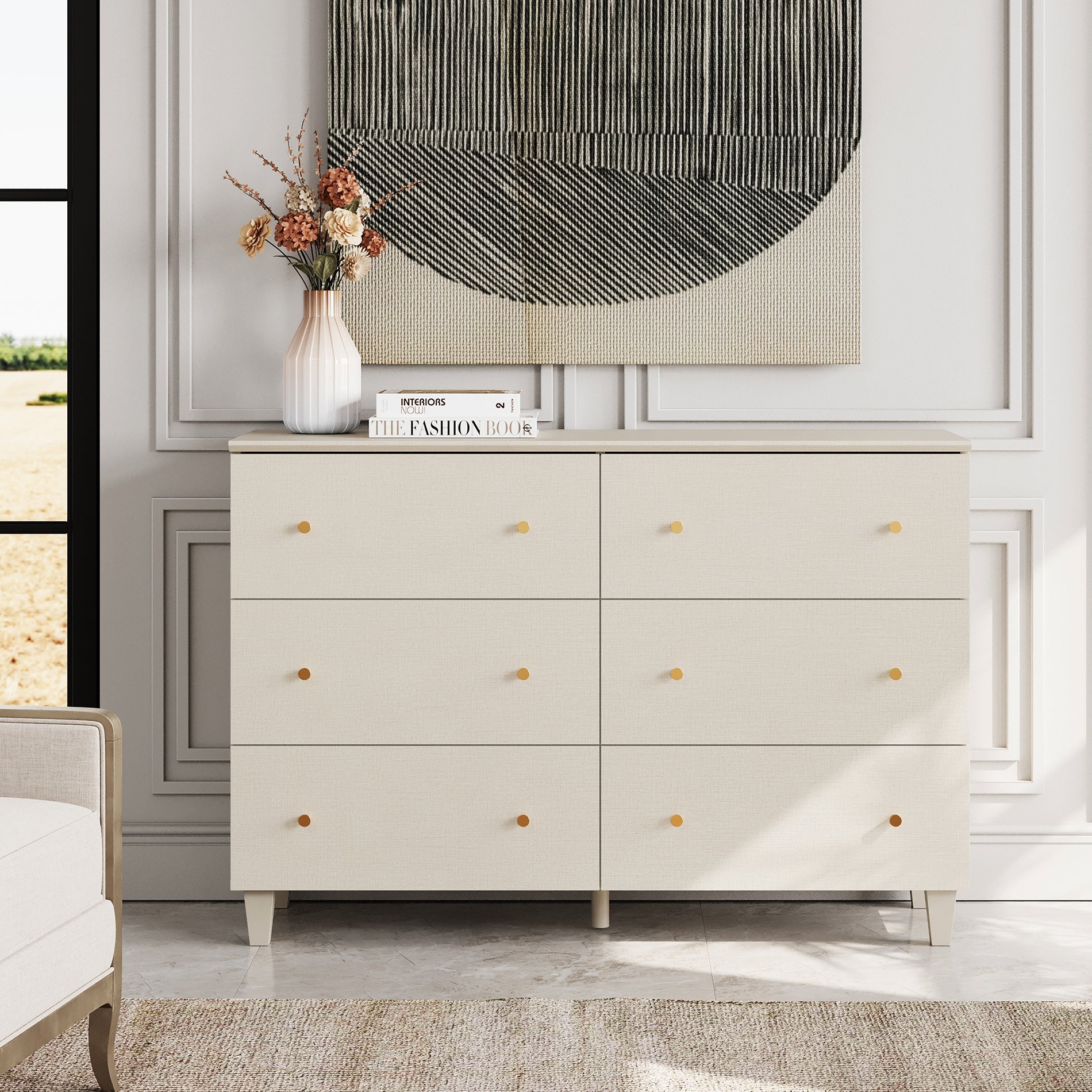 6 Drawers Dresser for Bedroom， Wooden Wide Chest of Drawers， Beige - - 37833590 - Mycitystee