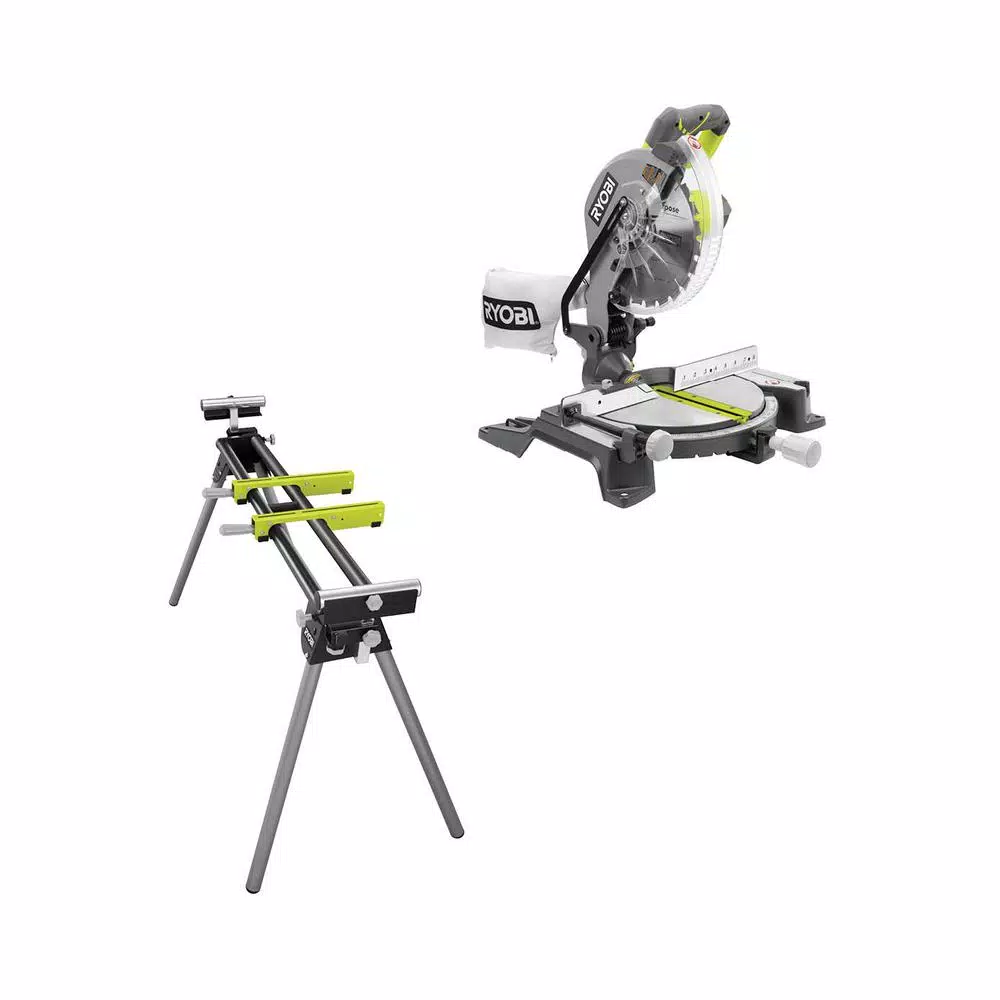 RYOBI 10 in. Sliding Miter Saw with LED and Miter Saw Stand with Tool-Less Height Adjustment and#8211; XDC Depot - Mycitystee