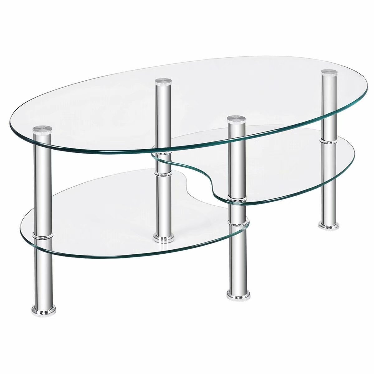 SUGIFT Tempered Glass Oval Side Coffee Table Shelf Chrome Base Living Room Clear - Mycitystee