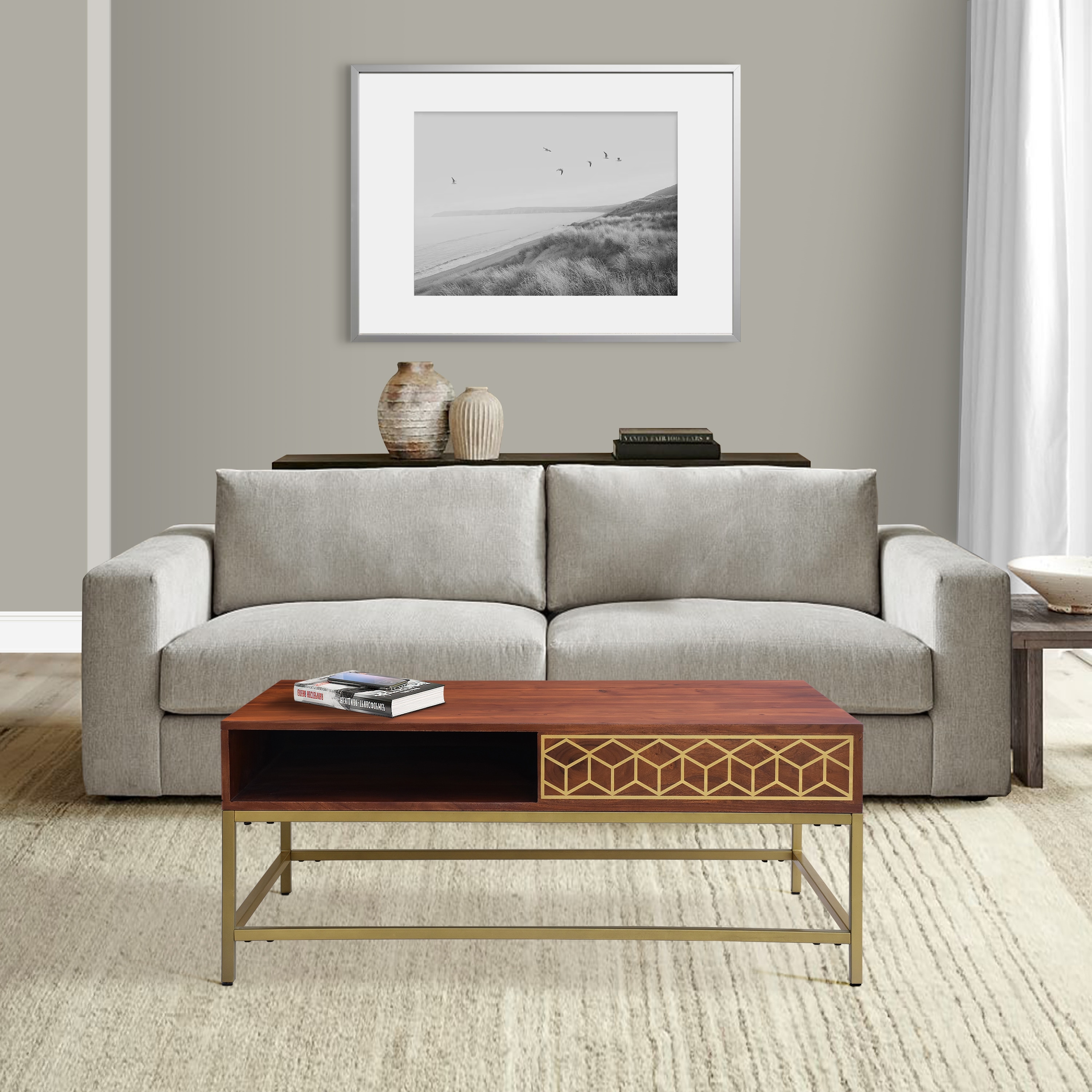 Kalyn 43 Inch Acacia Wood Coffee Table， Geometric Design Print， 1 Open Compartment， Natural Brown， Brass - Mycitystee