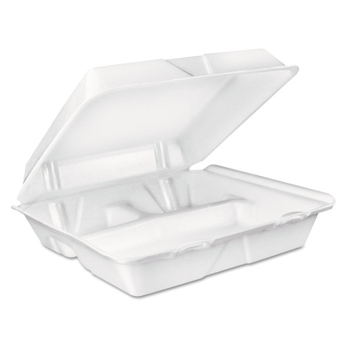 Dart Foam Hinged Lid Container， 3-Compartment， 8 oz， 9 x 9.4 x 3， White， 200/Carton (90HT3R) - Mycitystee