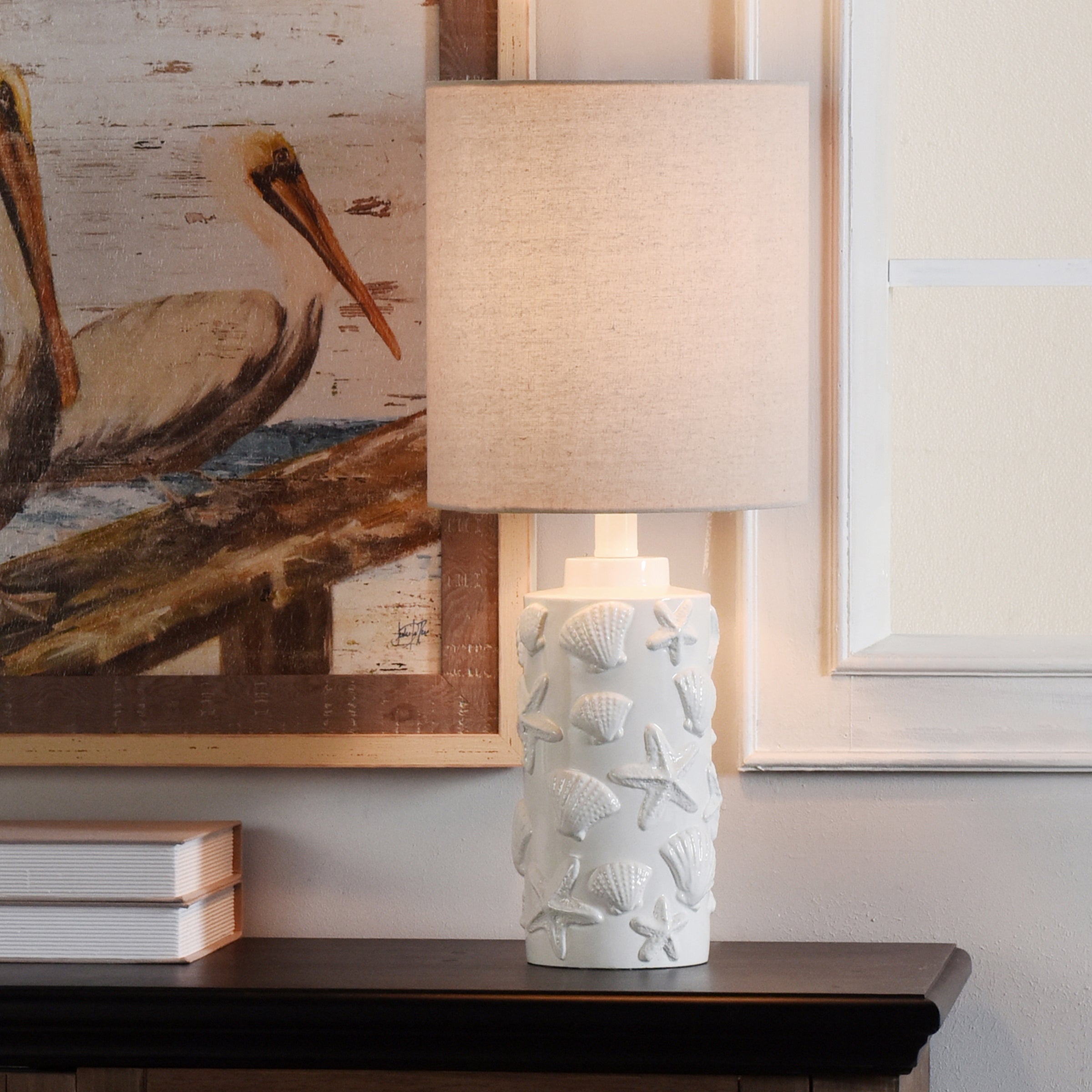 StyleCraft Seashell Motif White Table Lamp - White Hardback Fabric Shade - Mycitystee