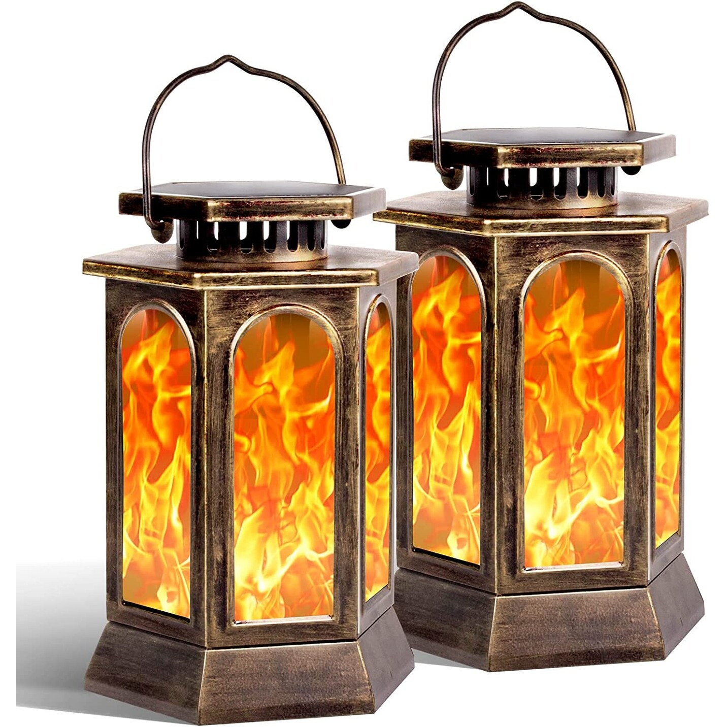 WaLensee 8.7'' Bronze Solar Lights Outdoor With Flickering Flame Metal Solar Powered Lanterns Hanging Light (Set of 2) - Mycitystee