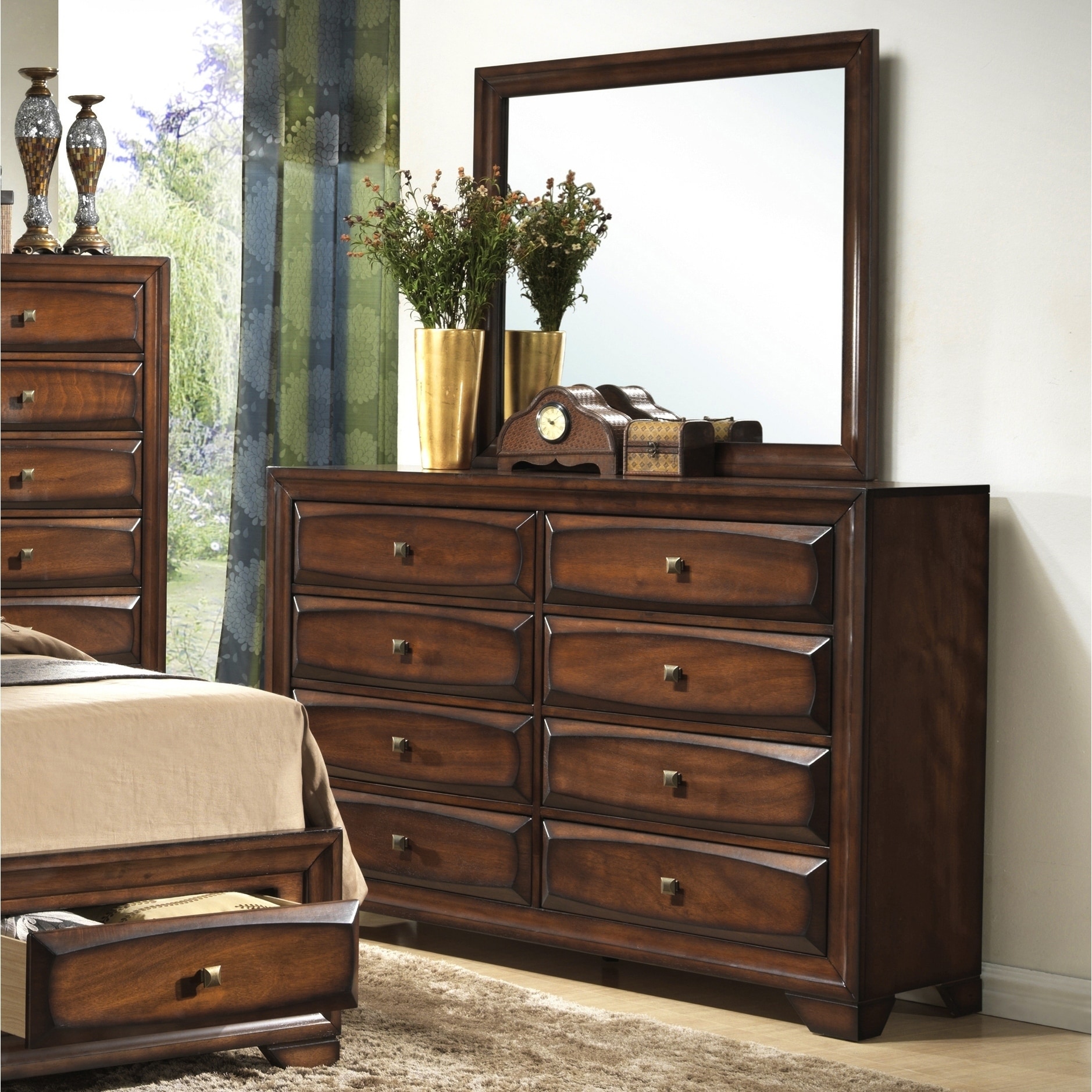 Roundhill Furniture Oakland 139 Antique Oak Finish Wood 8-drawer Dresser and Mirror - - 12594243 - Mycitystee