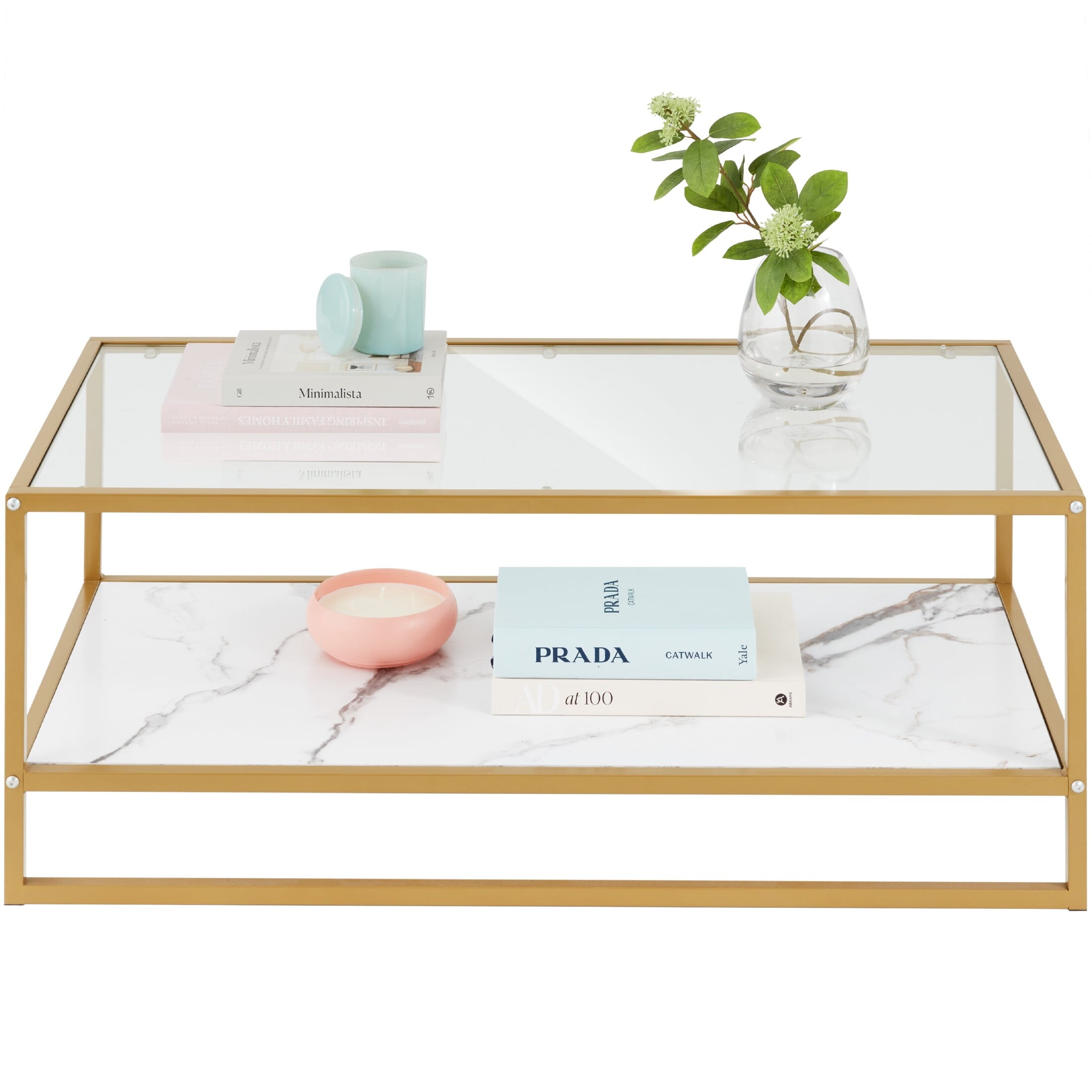 44in 2-Tier Rectangular Coffee Table， 2-in-1 Accent Furniture w/ Faux Marble Top - Gold - Mycitystee