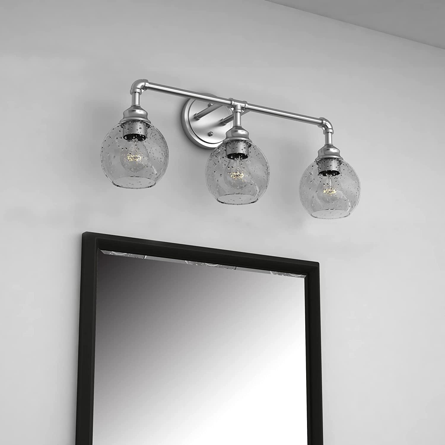 3 Light Vanity Light in Satin Nickel with Clear Seedy Glass - W:25.04*H:11.02*E:8.11 - Mycitystee