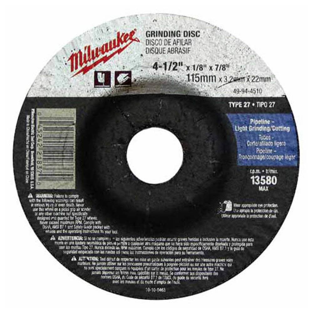 Milwaukee 4-1/2 in. x 1/8 in. x 7/8 in. Grinding Wheel (Type 27) 49-94-4510 from Milwaukee - Mycitystee